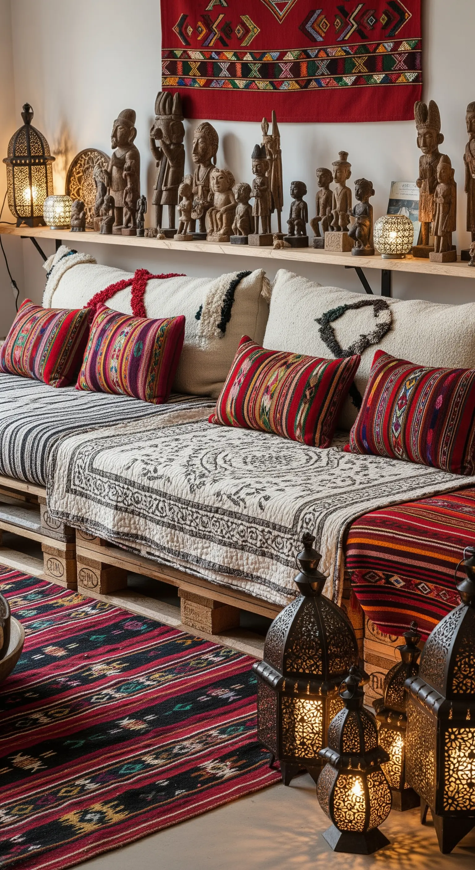 DIY-Palettensofa mit vielen gemusterten Decken, Kissen und marokkanischen Laternen.