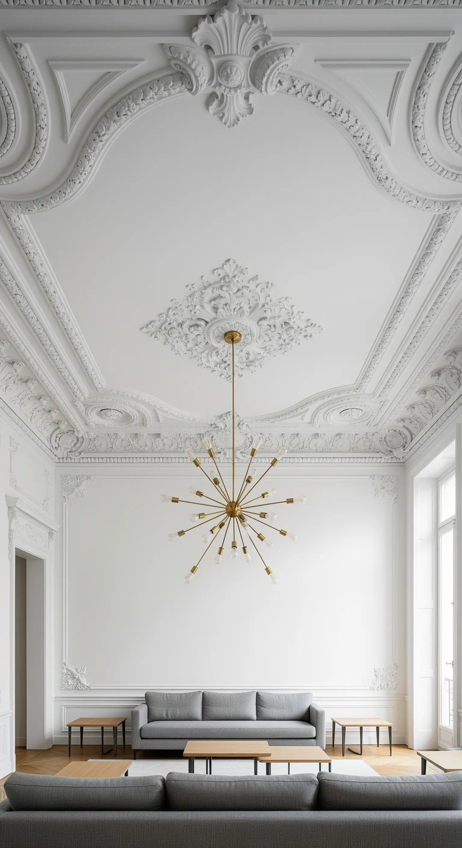 Minimalistisch eingerichteter Raum mit opulentem Stuck, der durch eine moderne Leuchte betont wird.