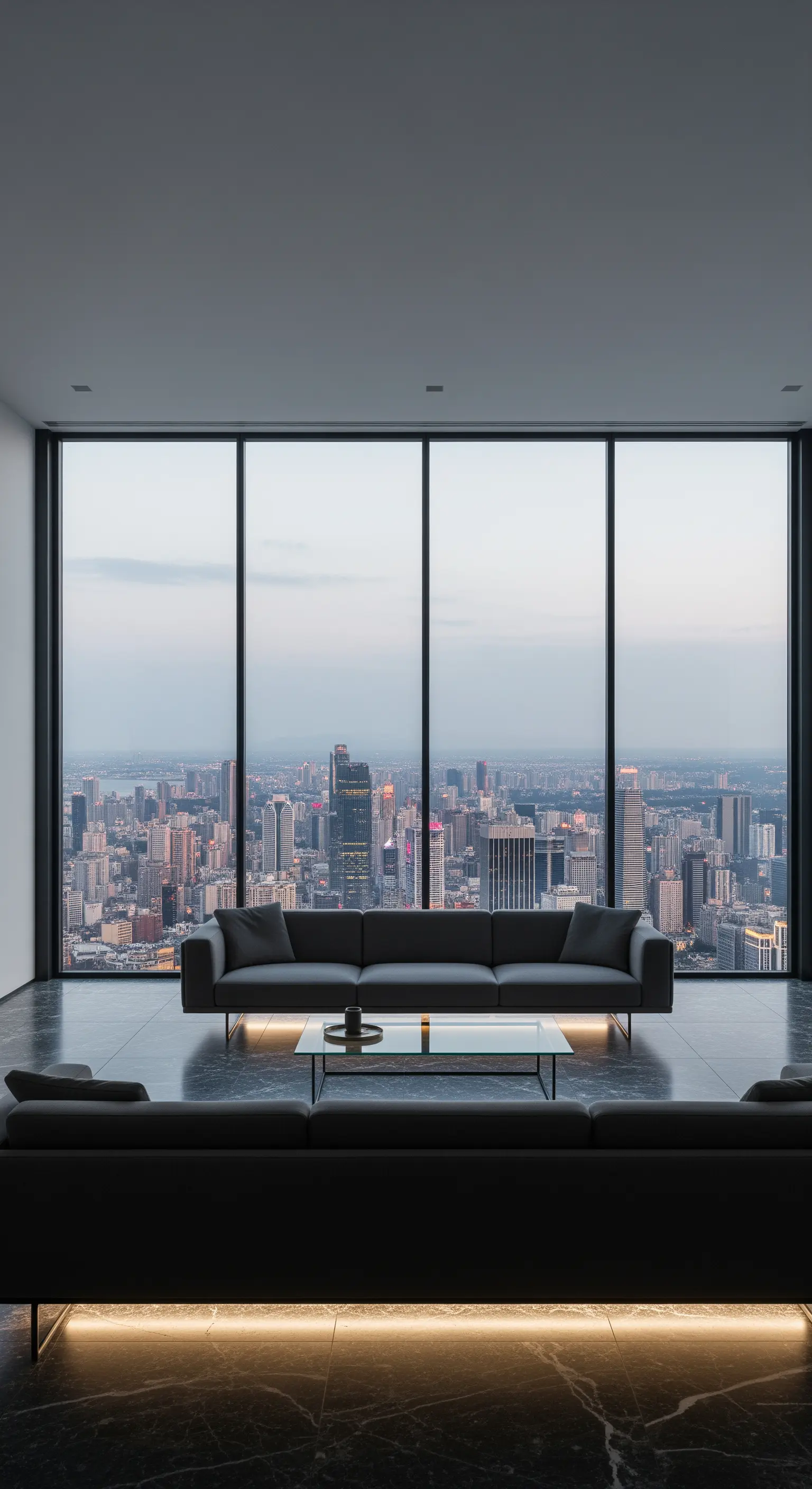 Modernes Wohnzimmer mit bodentiefen Fenstern und Blick auf eine Skyline bei Nacht.