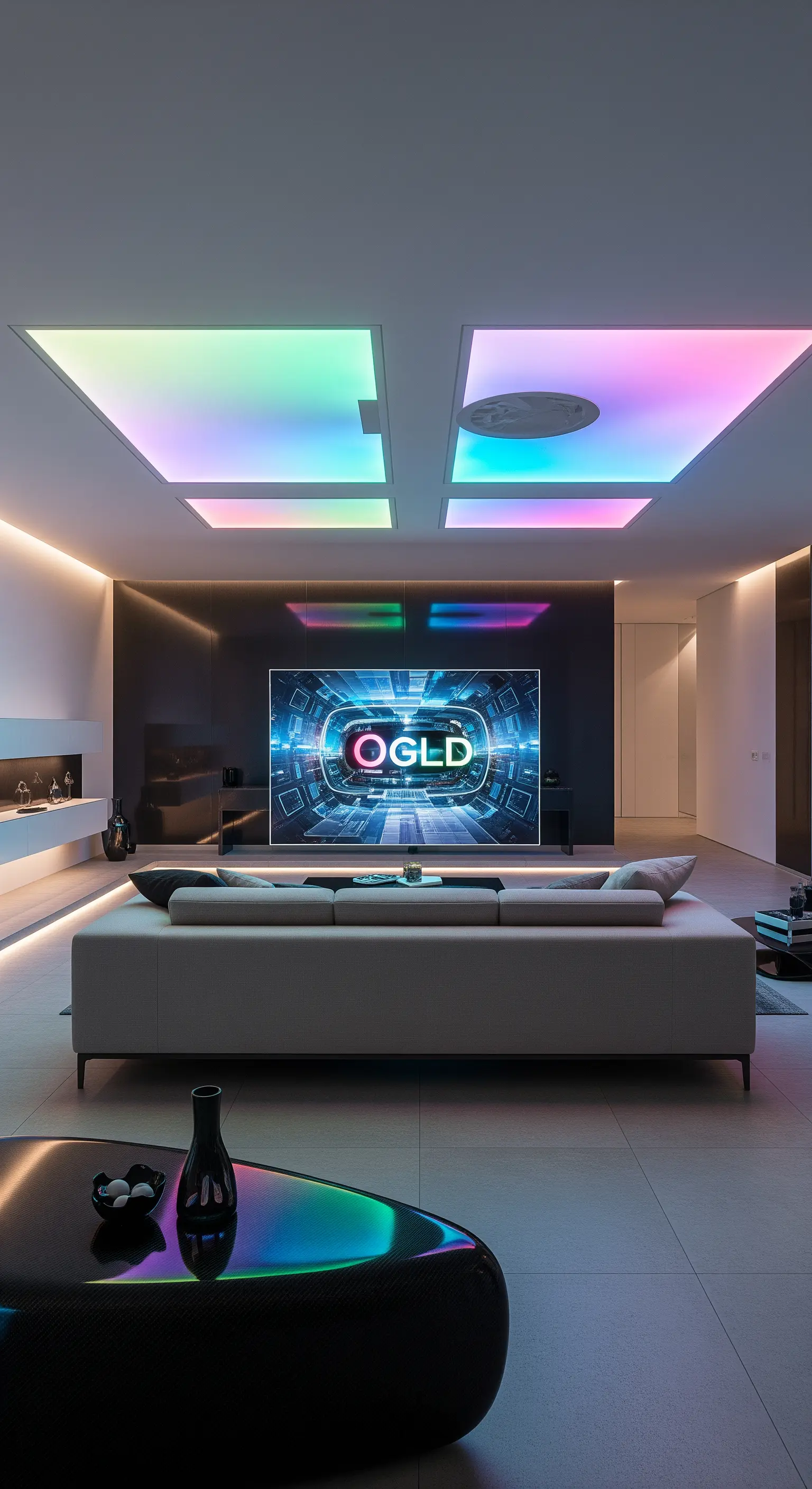 Futuristisches Wohnzimmer mit farbigen LED-Lichtpaneelen an der Decke und indirekter Beleuchtung.