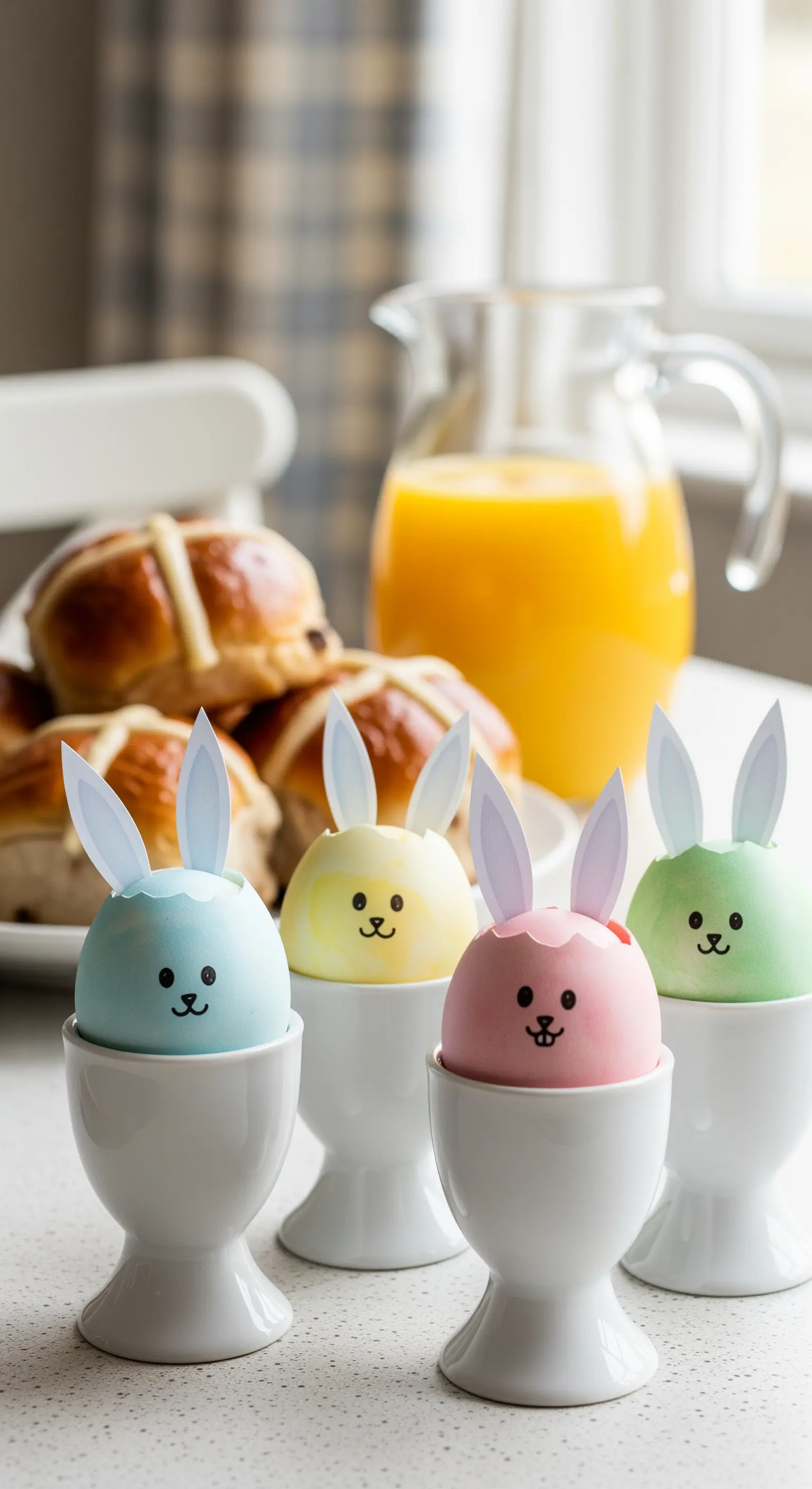 Pastellfarbene Eier mit Papierohren und gemalten Gesichtern in Eierbechern