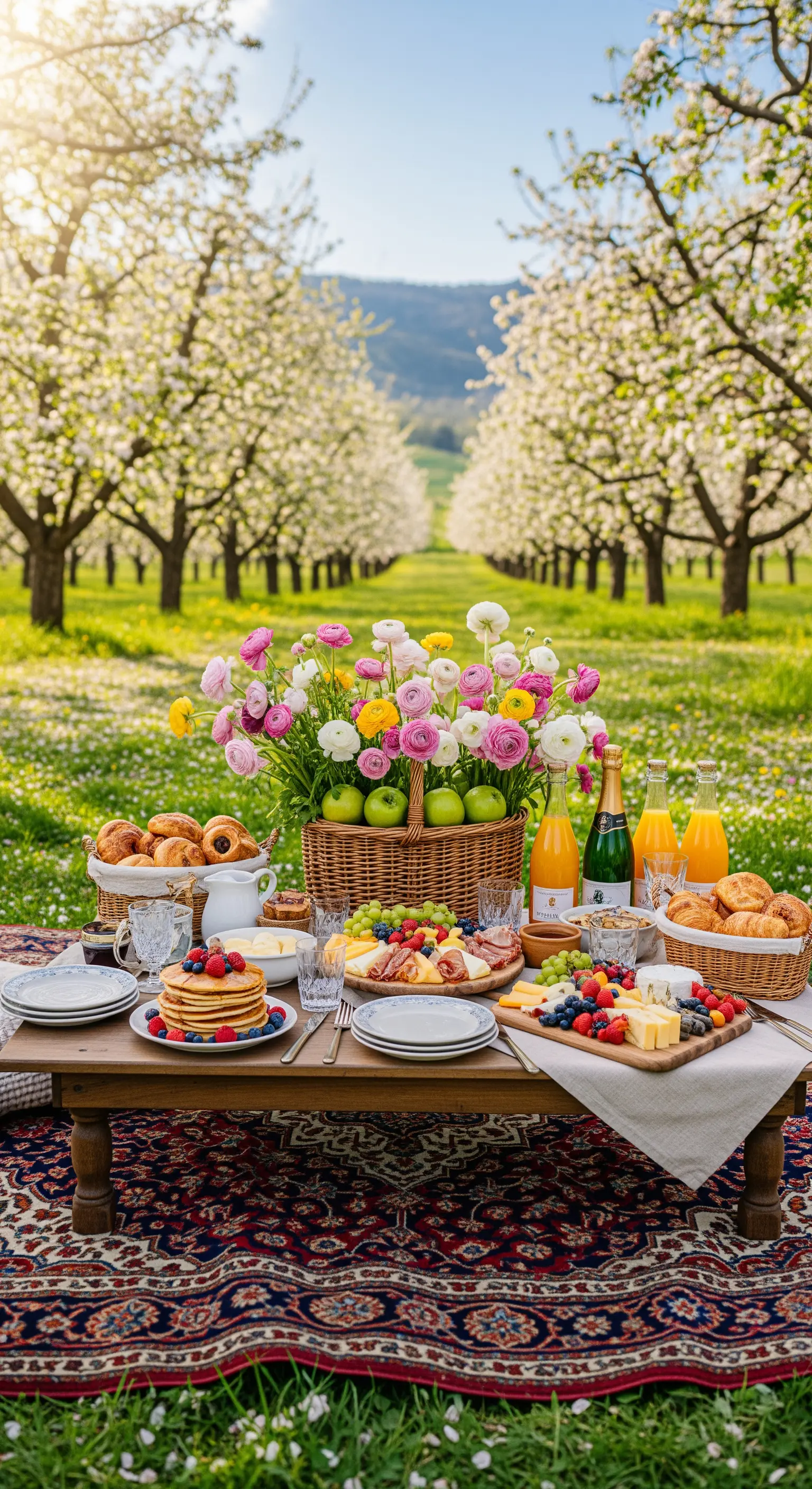 Brunch im Obstgarten mit Blumenkorb und Teppich