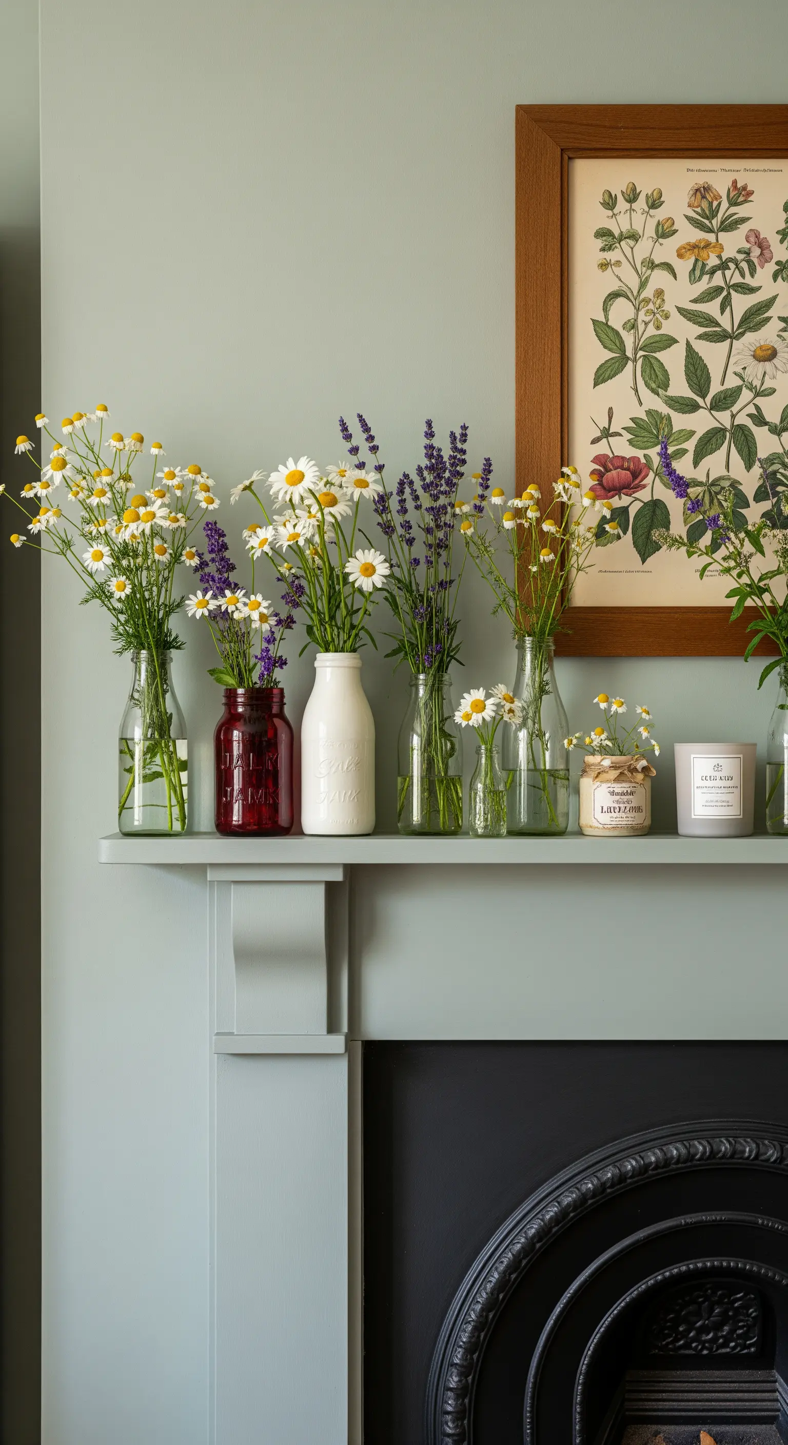 Eine Sammlung von Wildblumen wie Kamille und Lavendel in verschiedenen Vintage-Glasflaschen