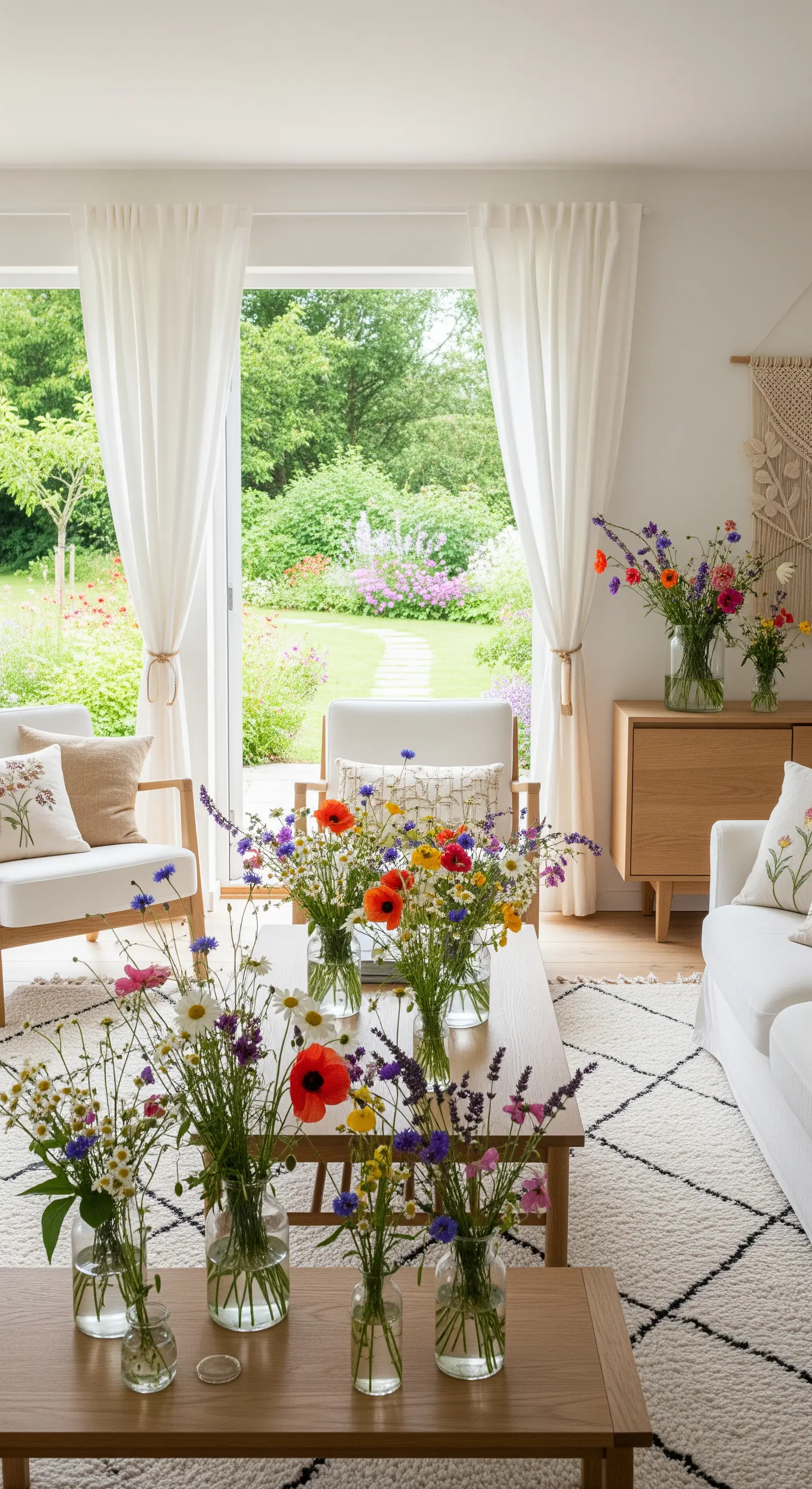 Couchtisch voller Wiesenblumen in Glasvasen, offene Gartentür