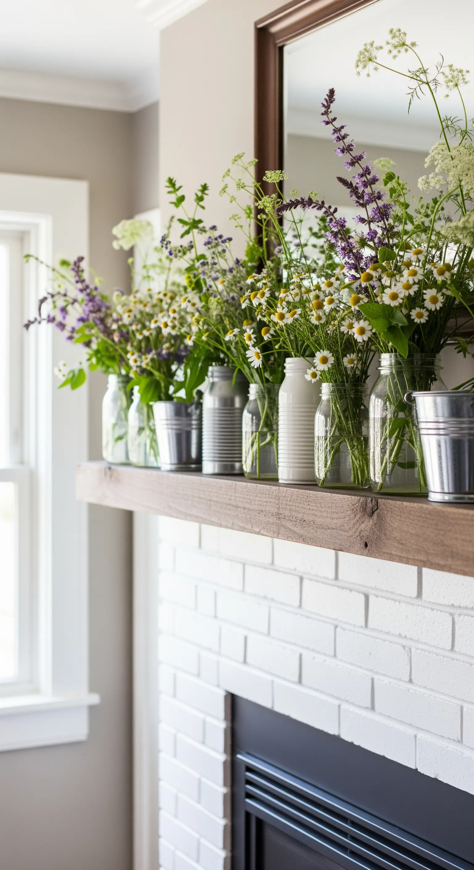 Wiesenblumen in verschiedenen Einmachgläsern und Blechdosen auf einem Holzkamin.