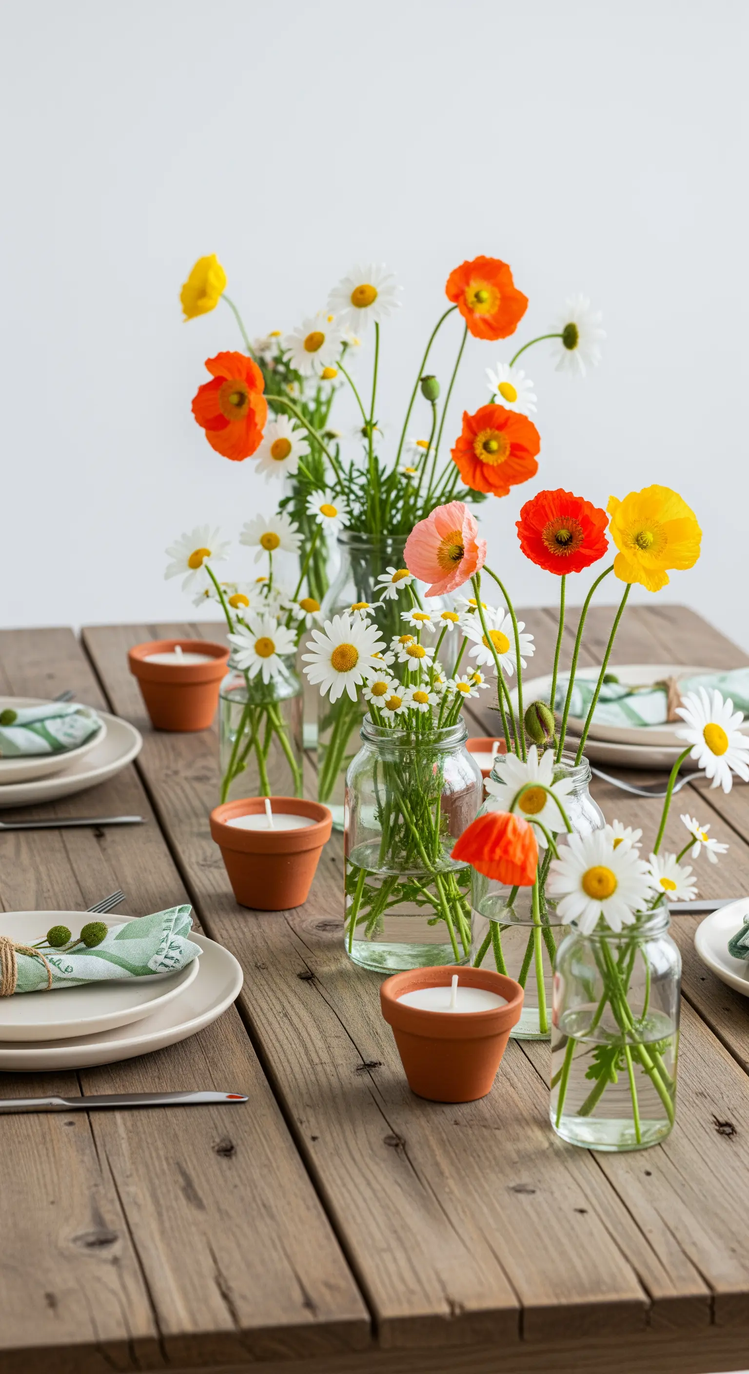 Wildblumen-Osterdeko: Mohn, Gänseblümchen in Gläsern und Terrakotta-Teelichter