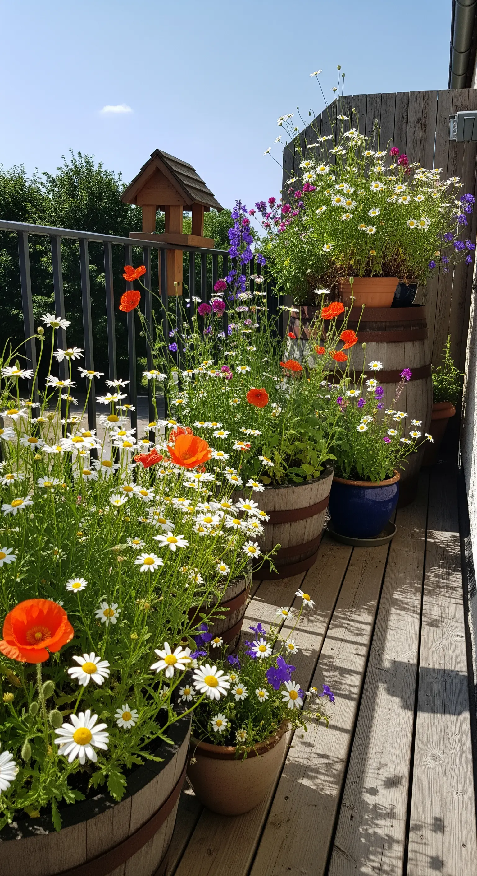 Balkon mit Holzfässern voller Margeriten, Mohn und Glockenblumen