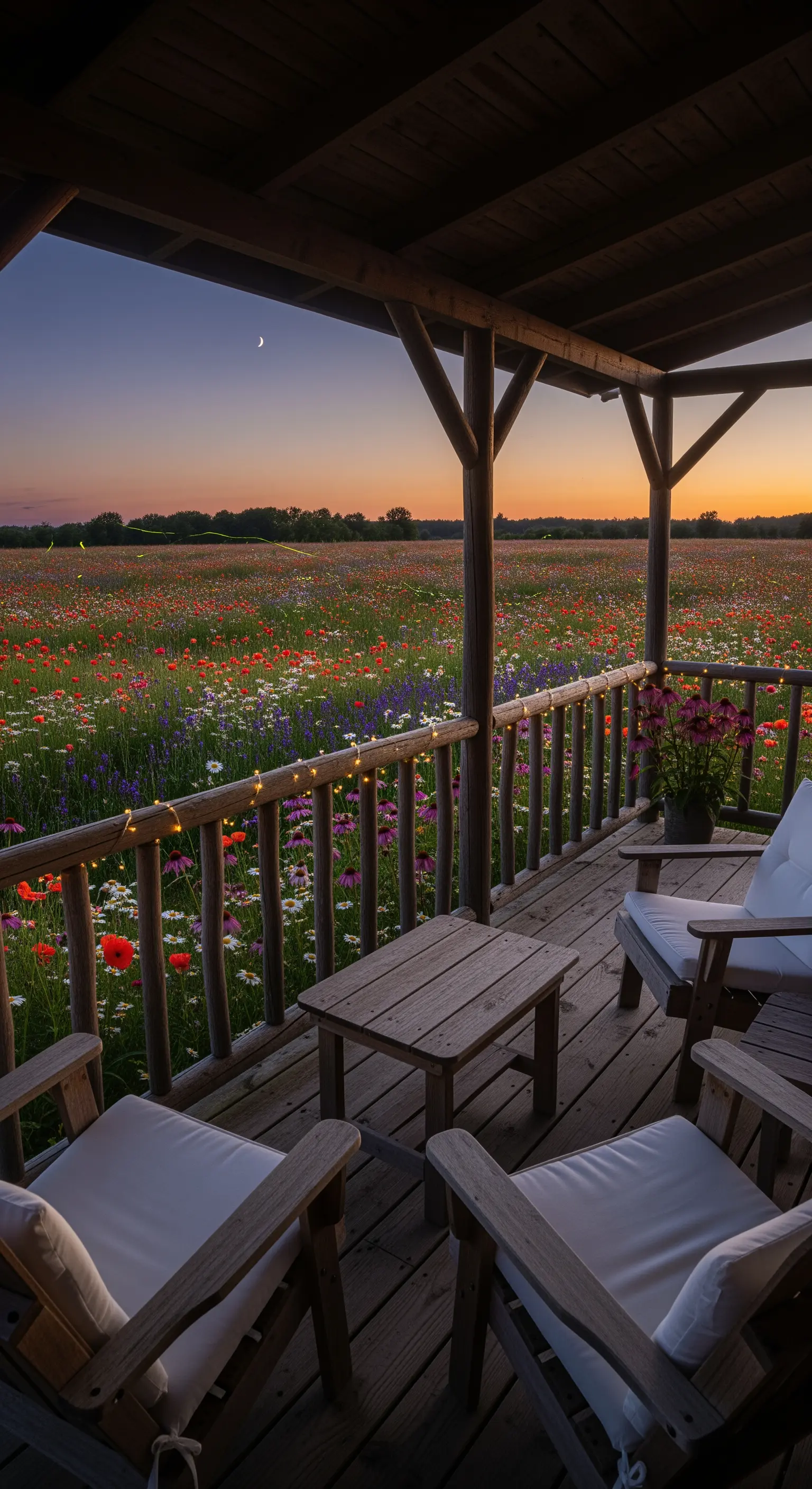 Veranda mit Wildblumenwiesen-Blick, Holzstühlen und Lichterketten