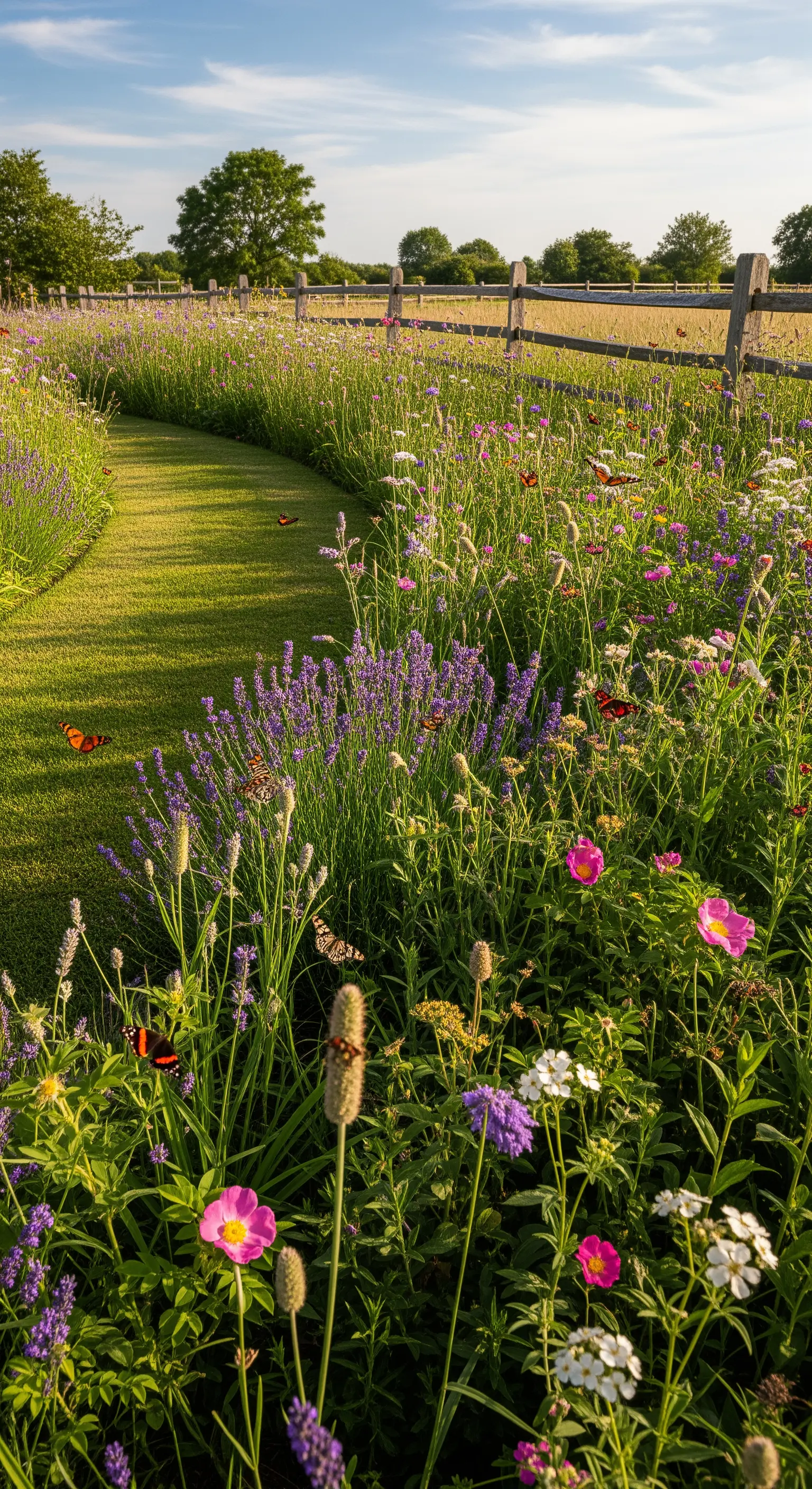 Geschwungener Grasweg durch eine Wildblumenwiese mit Lavendel und Schmetterlingen
