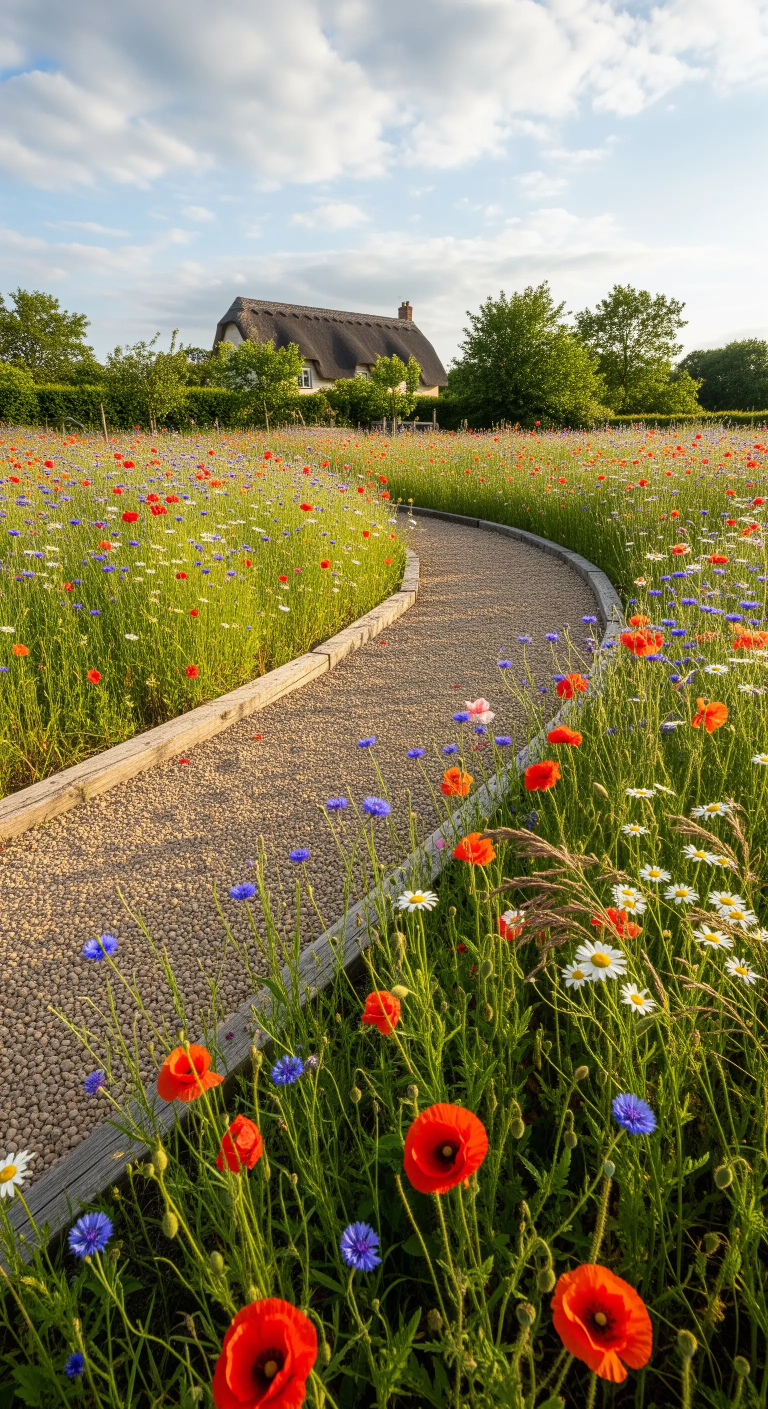 Geschwungener Kiesweg durch Wildblumenwiese mit Mohn und Kornblumen