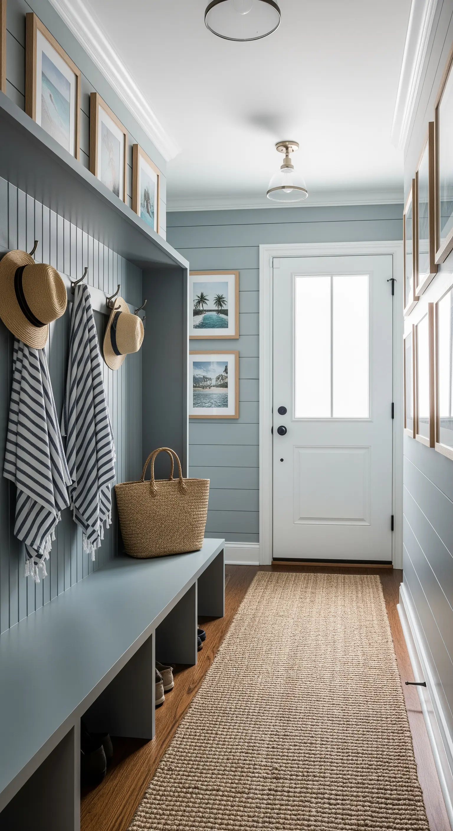 Blaugrauer Eingangsbereich mit Holzpaneelen, Jute-Läufer und maritimer Deko