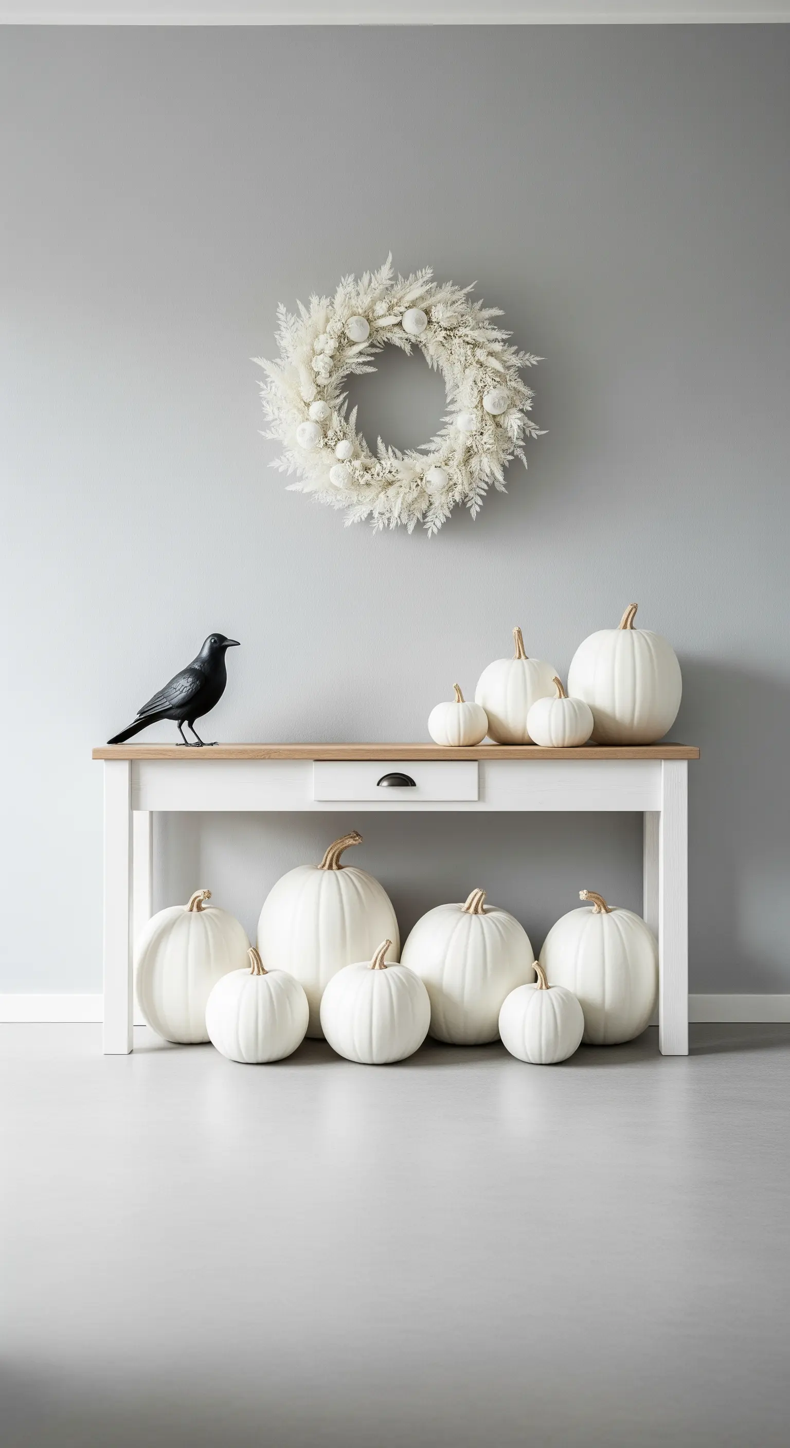 Konsolentisch mit weißen Kürbissen, schwarzem Raben und weißem Trockenblumenkranz