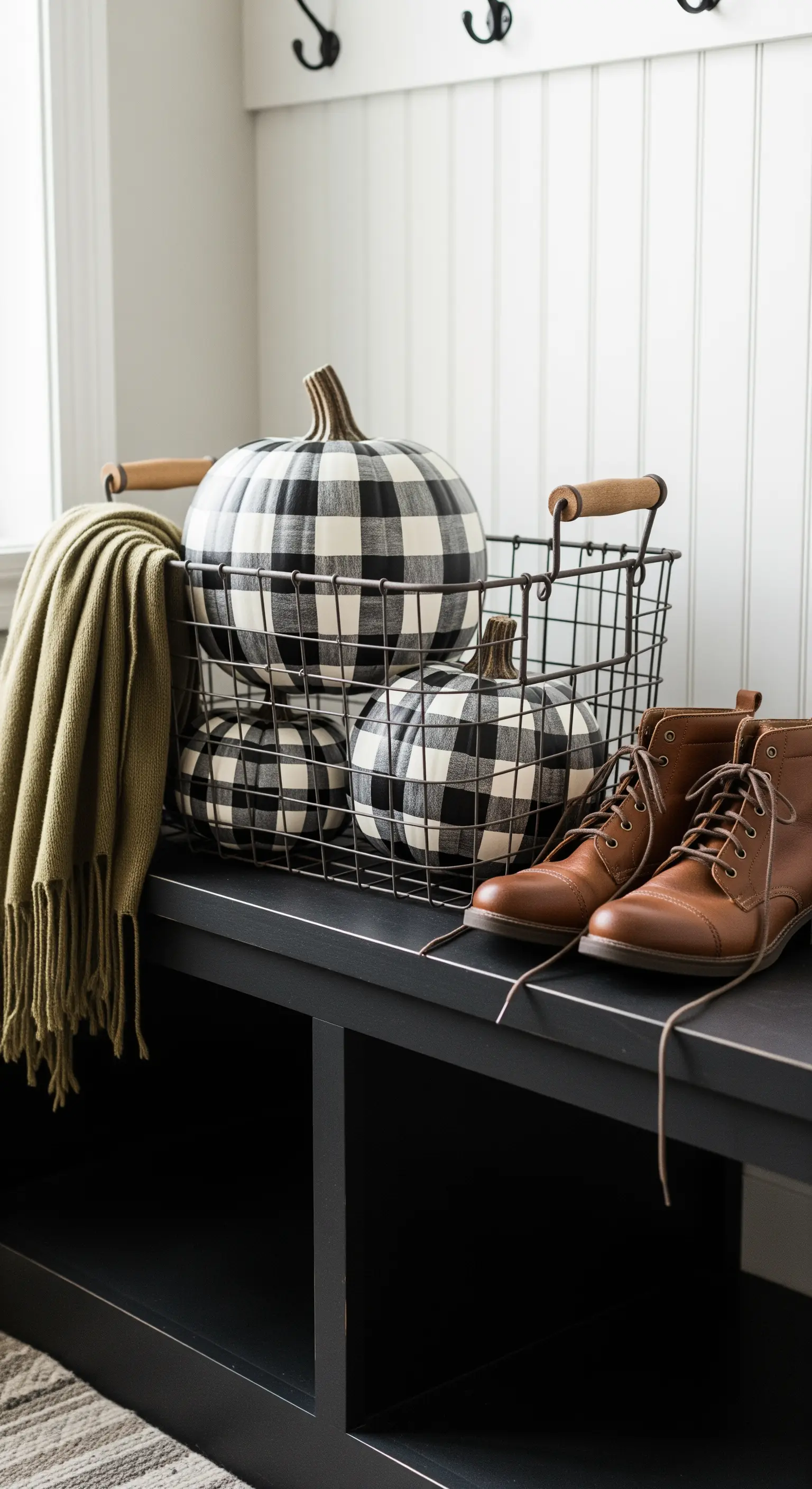 Eingangsbereich mit karierten Kürbissen im Drahtkorb, Decke und Schuhen.