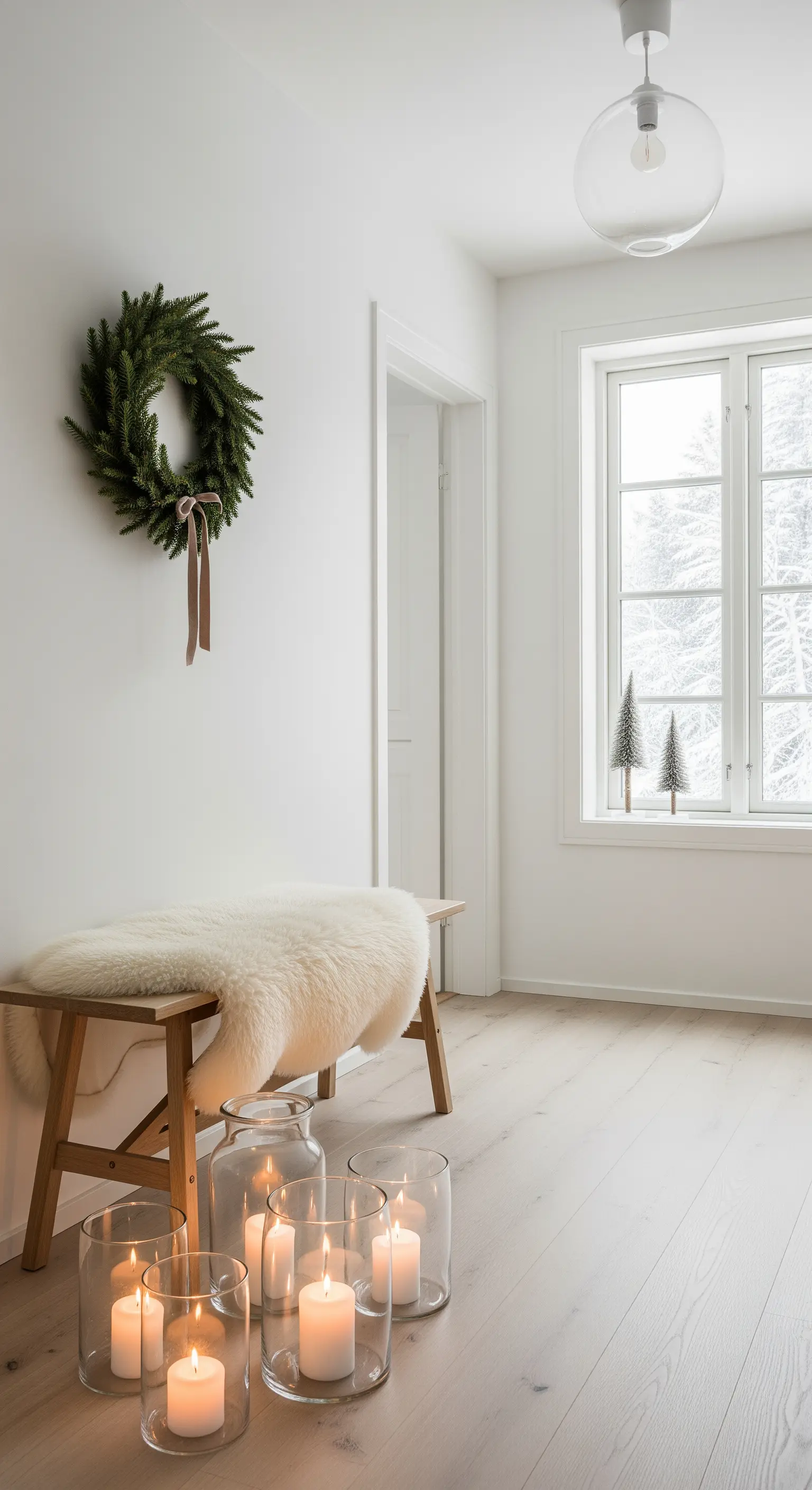 Holzbank mit Schaffell und Kerzen in Gläsern für einen gemütlichen Flur