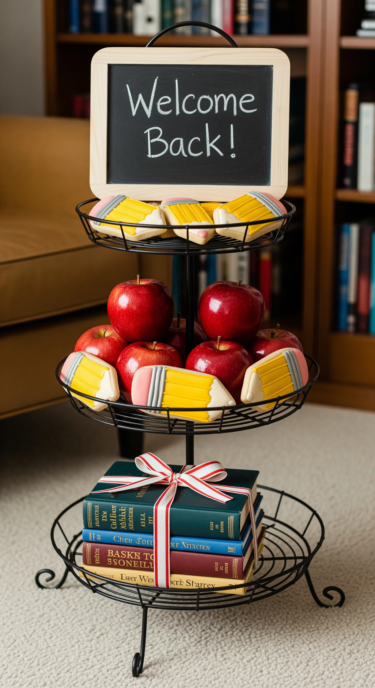Etagere zum Schulanfang mit Tafel, Äpfeln, Stifte-Keksen und Büchern.