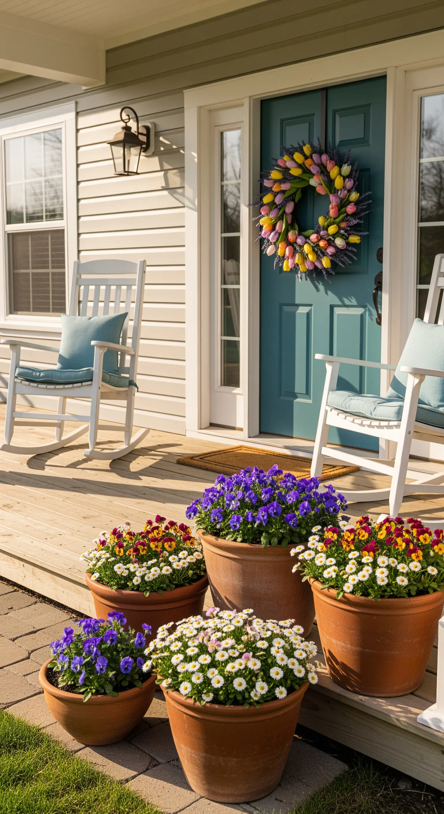 Veranda mit Blumentöpfen, Schaukelstühlen und einer türkisen Tür mit Tulpenkranz.