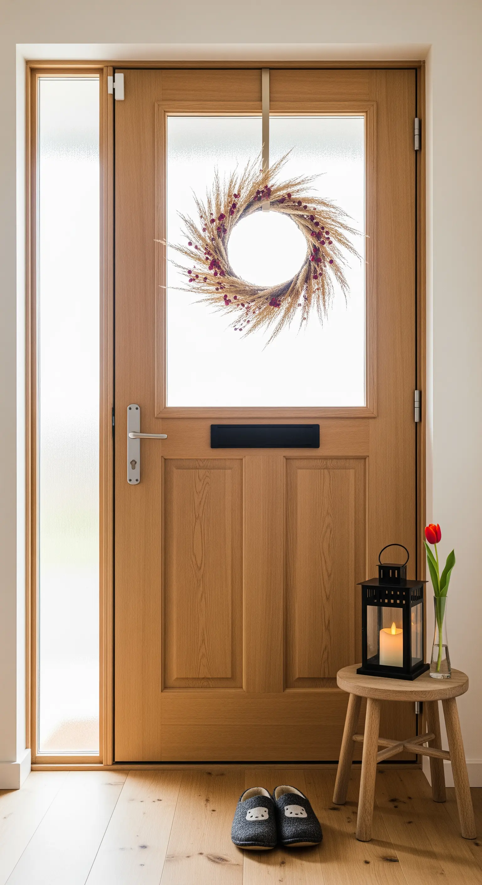 Haustür mit Kranz aus trockenen Gräsern und Beeren, Laterne und Tulpe auf Hocker.
