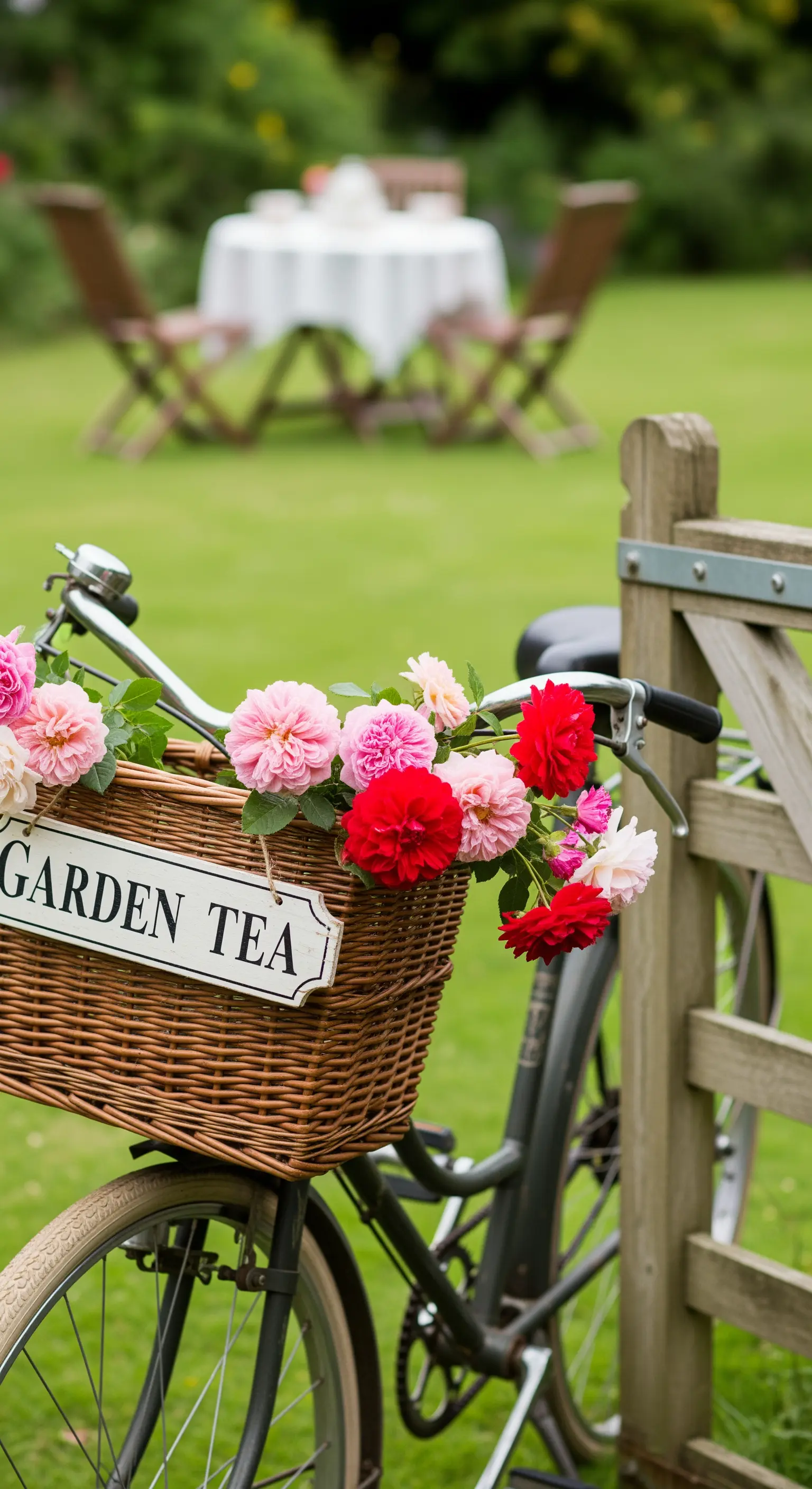Vintage-Fahrrad mit Rosenkorb und 'Garden Tea' Schild am Gartentor