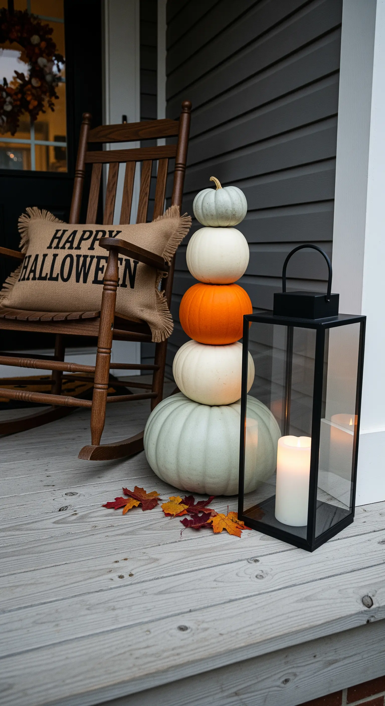 Gestapelte Kürbisse und Laterne als Halloween-Eingangsdeko.