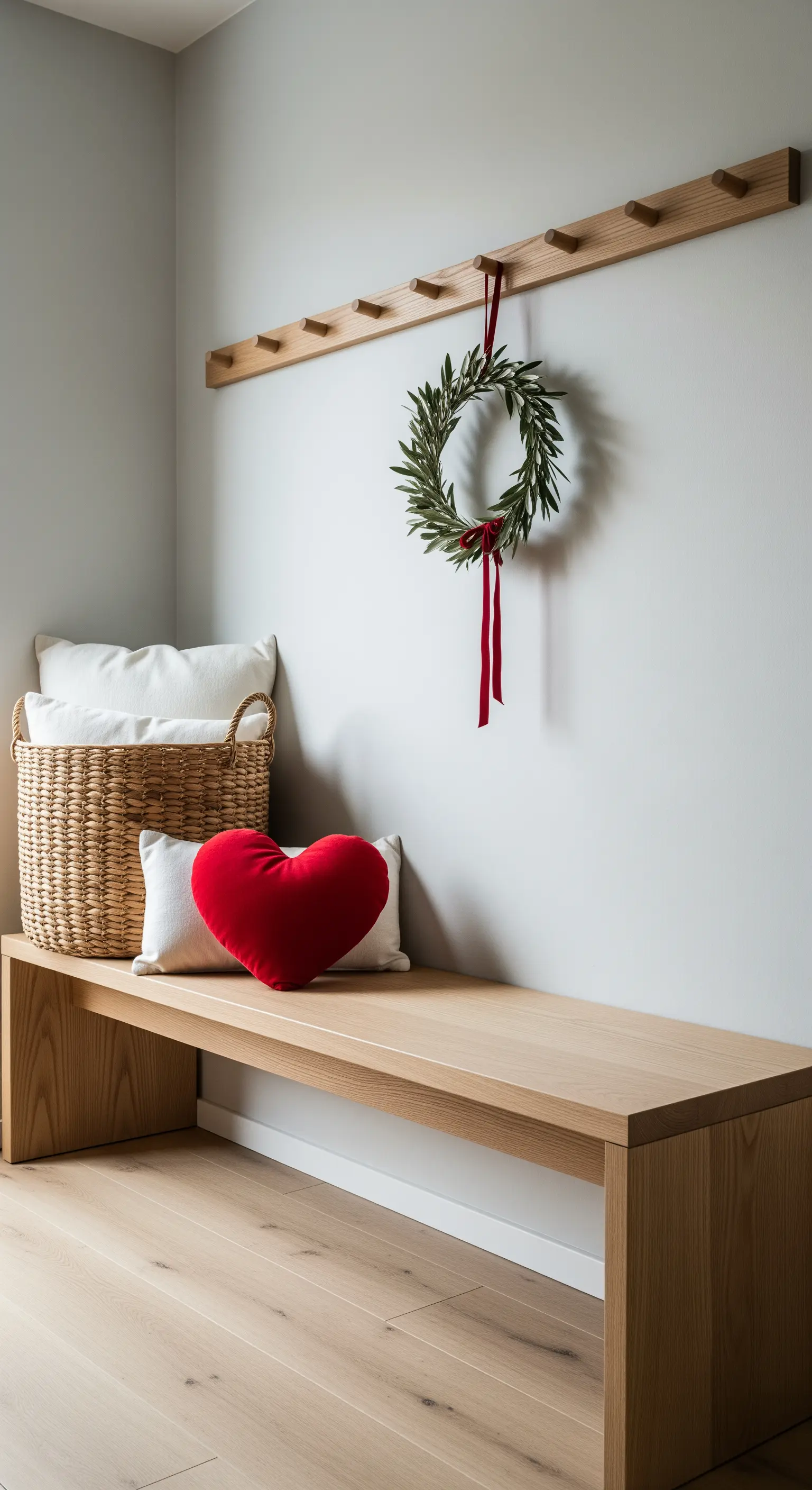Holzbank im Eingangsbereich mit rotem Herzkissen, Korbkissen und Olivenkranz.