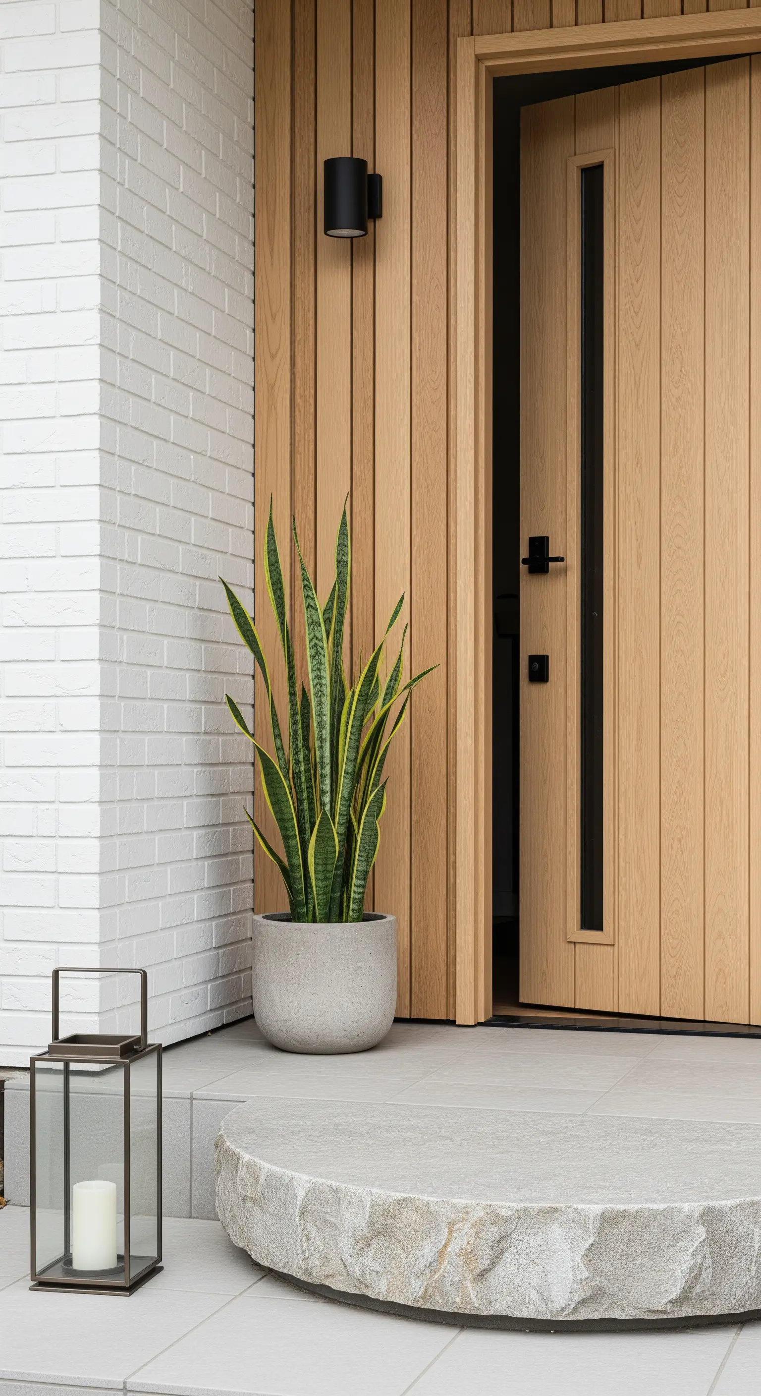 Japandi Eingang mit rundem Trittstein, Bogenhanf und Laterne