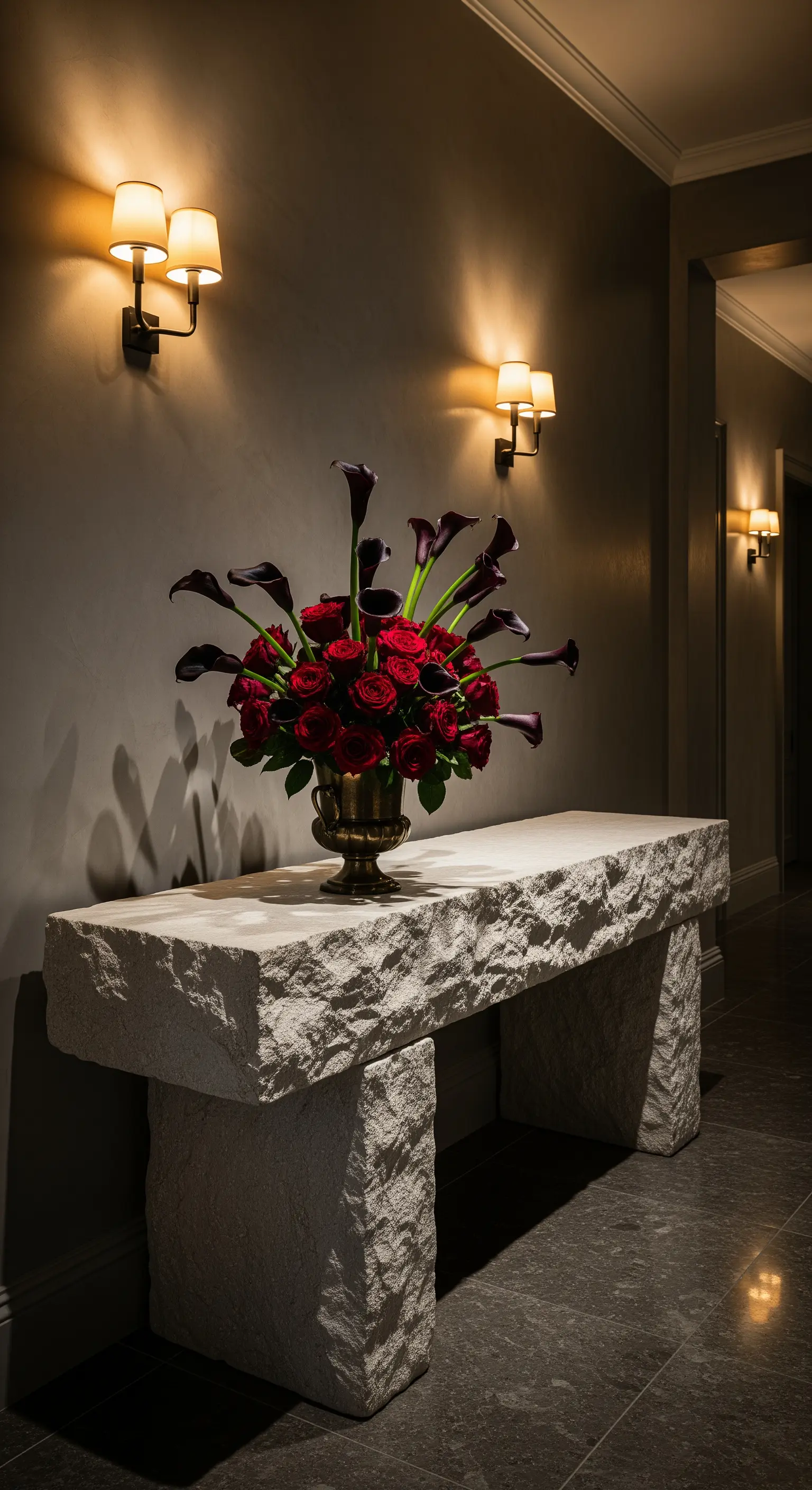 Massive, roh belassene Steinbank mit opulentem Blumenarrangement in einem Flur