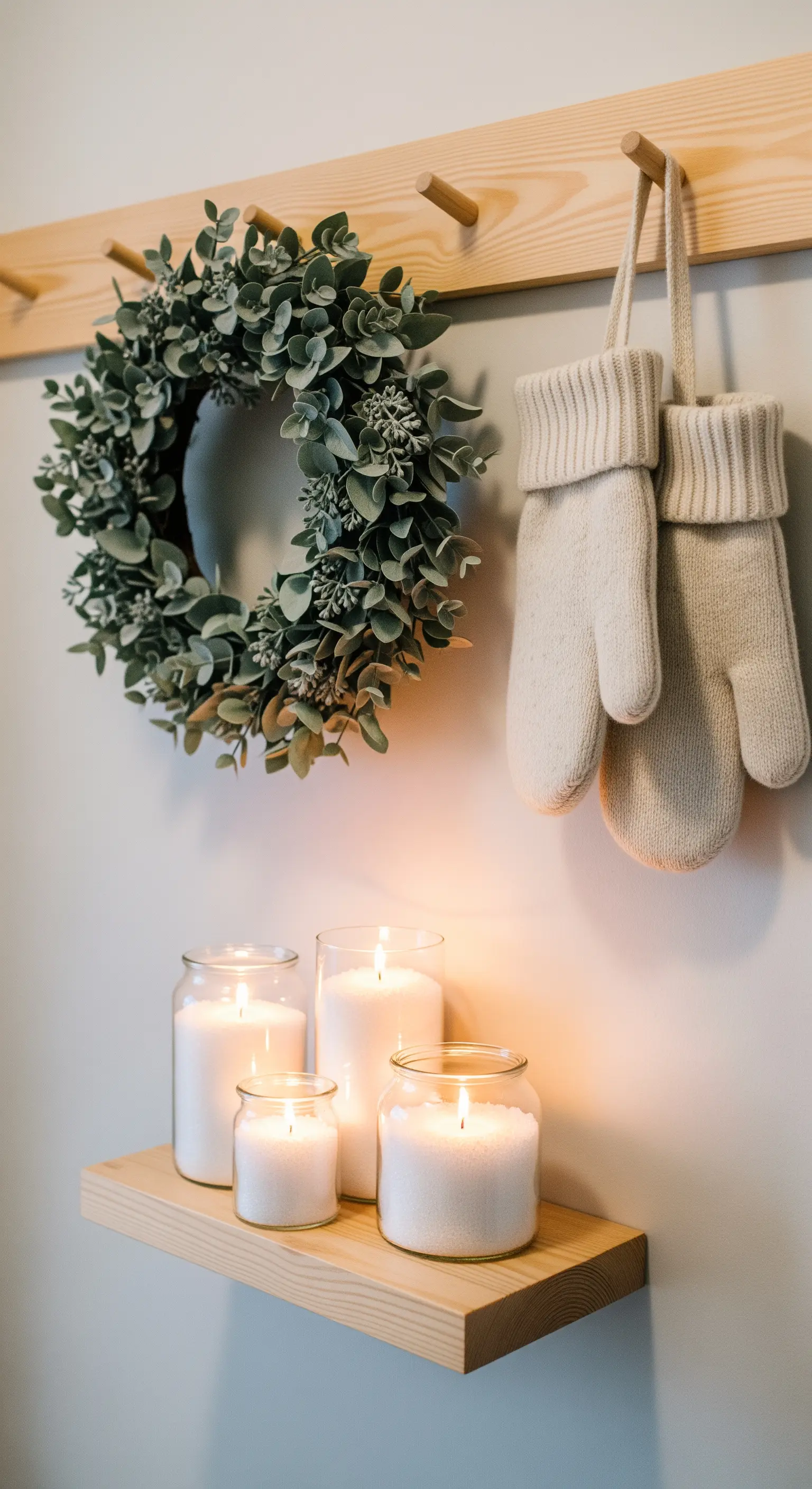 Holzhakenleiste mit Eukalyptus-Kranz, Fäustlingen und Kerzen auf Regal