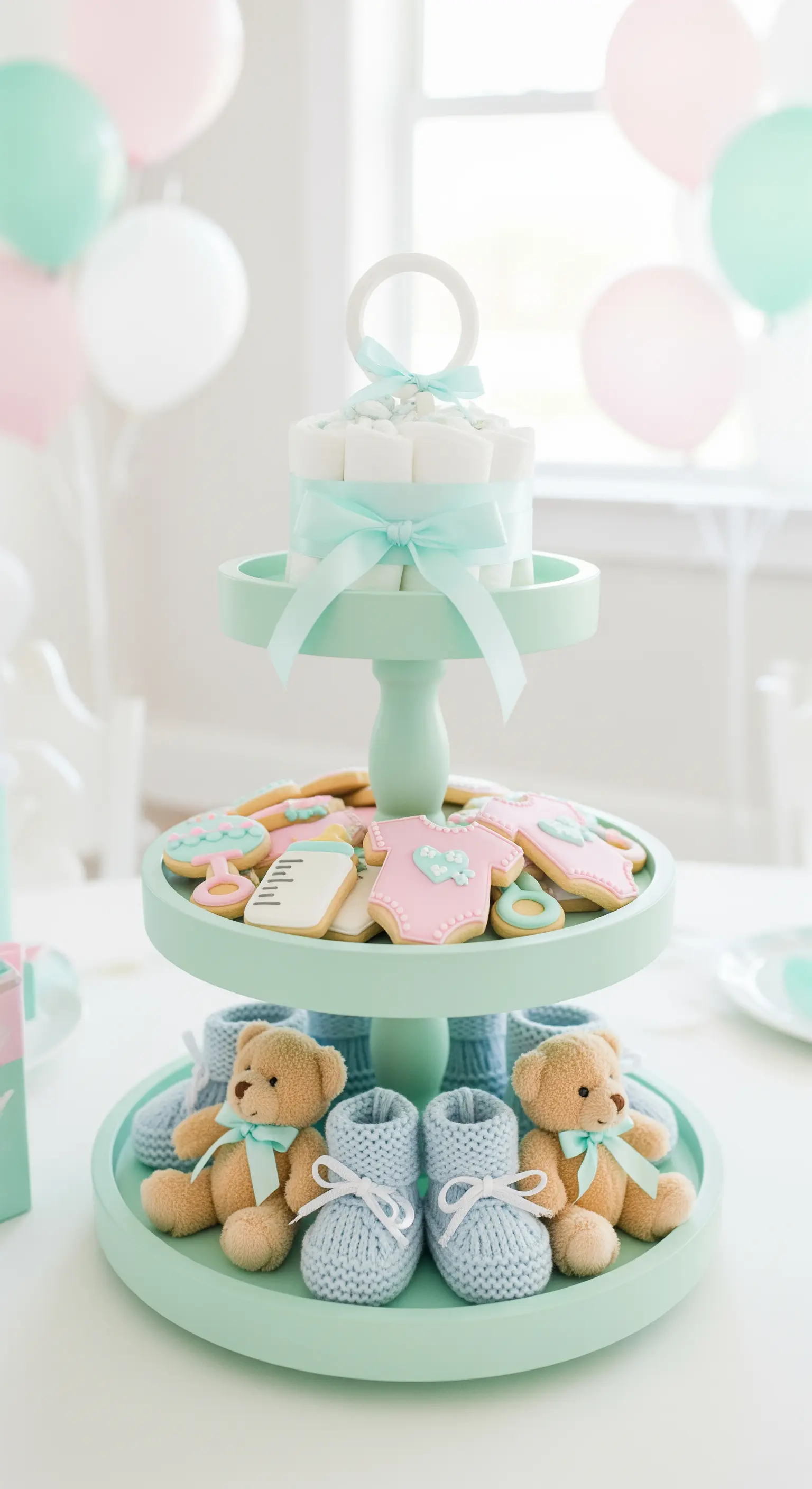 Etagere für eine Babyshower in Mintgrün mit Keksen, Teddys und Babyschuhen.