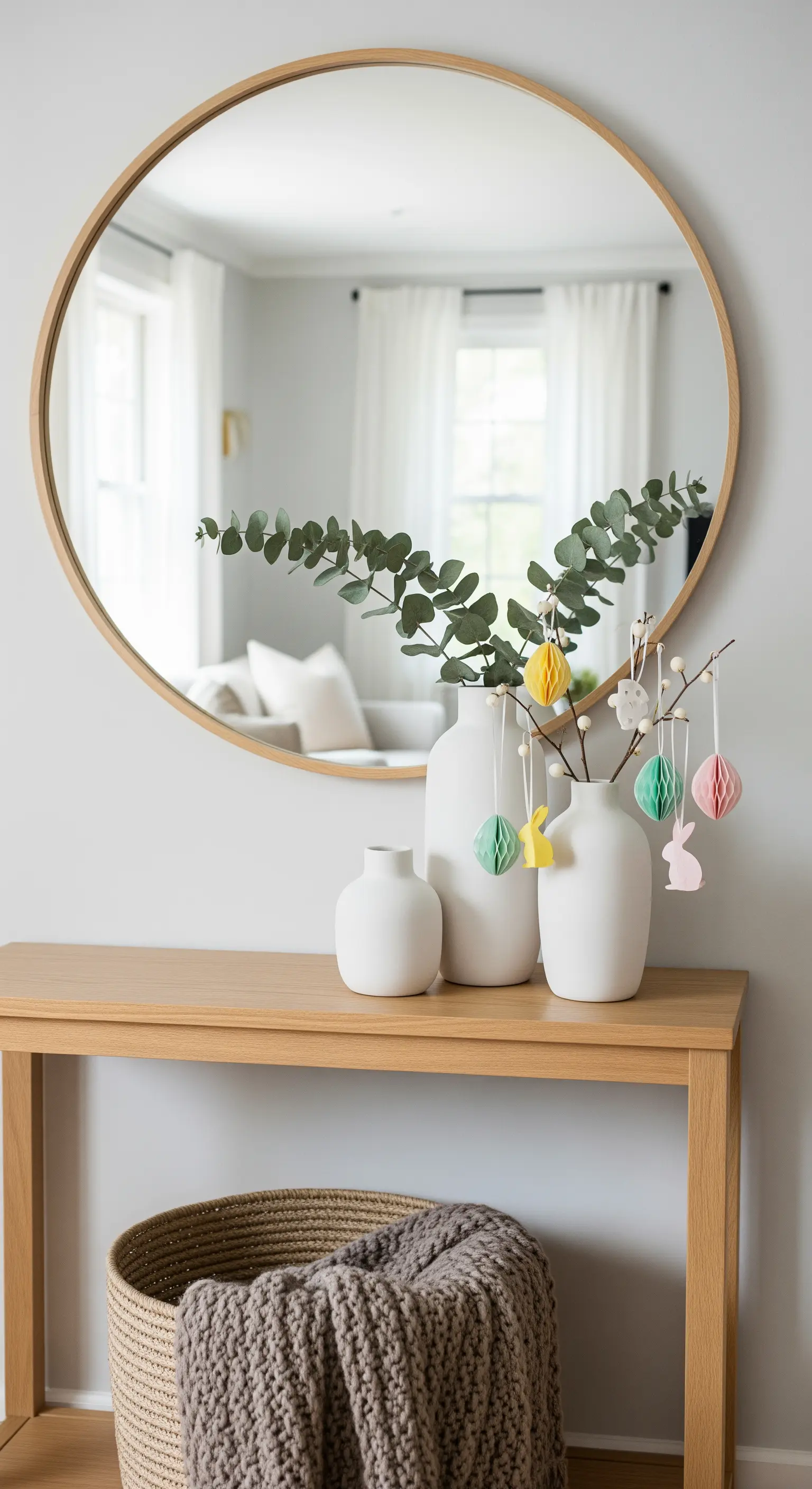 Eingangsbereich mit rundem Spiegel, Vasen mit Eukalyptus und Papierornamenten