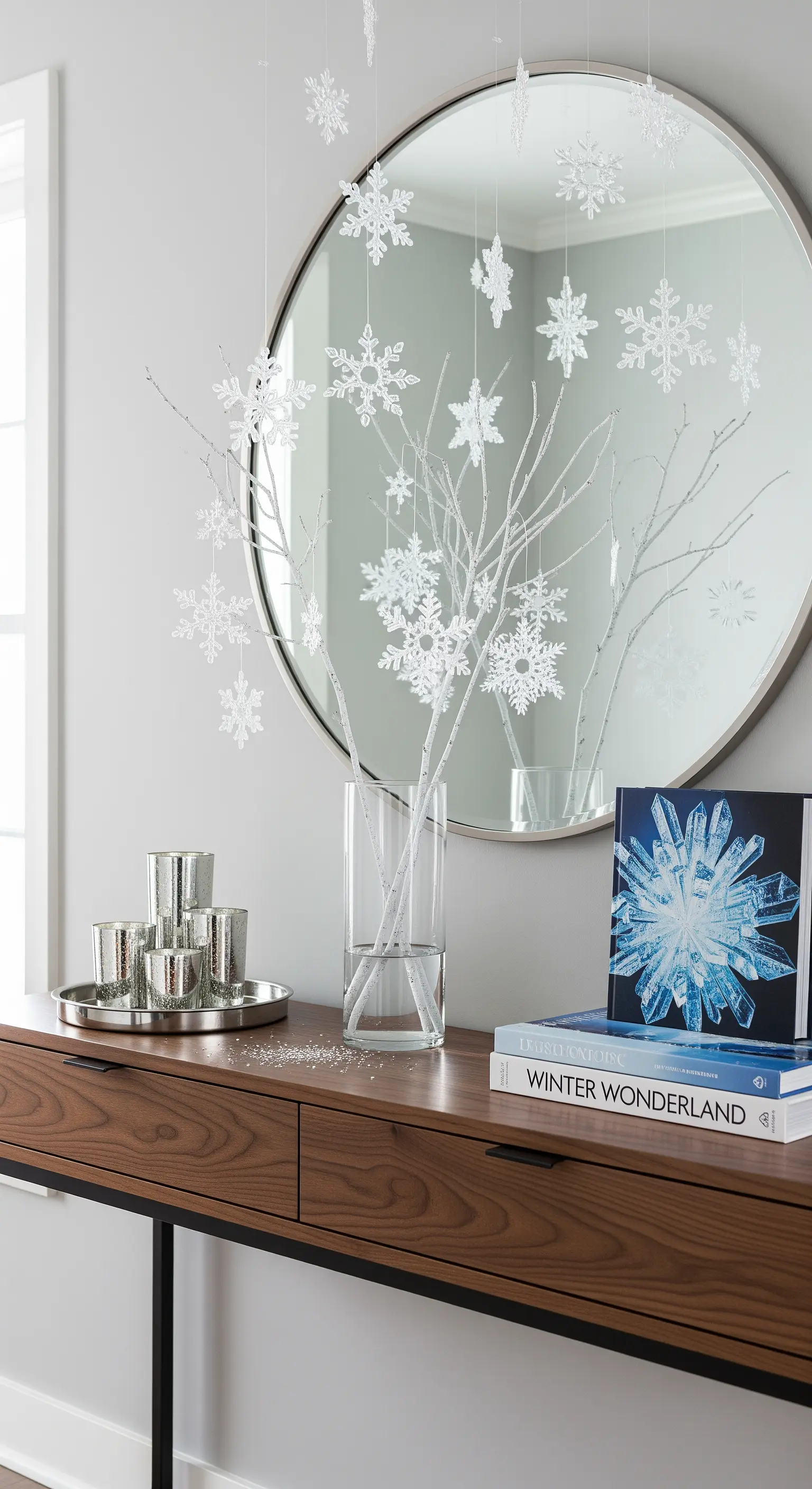 Konsole mit Vase, weißen Zweigen, schwebenden Schneeflocken und rundem Spiegel
