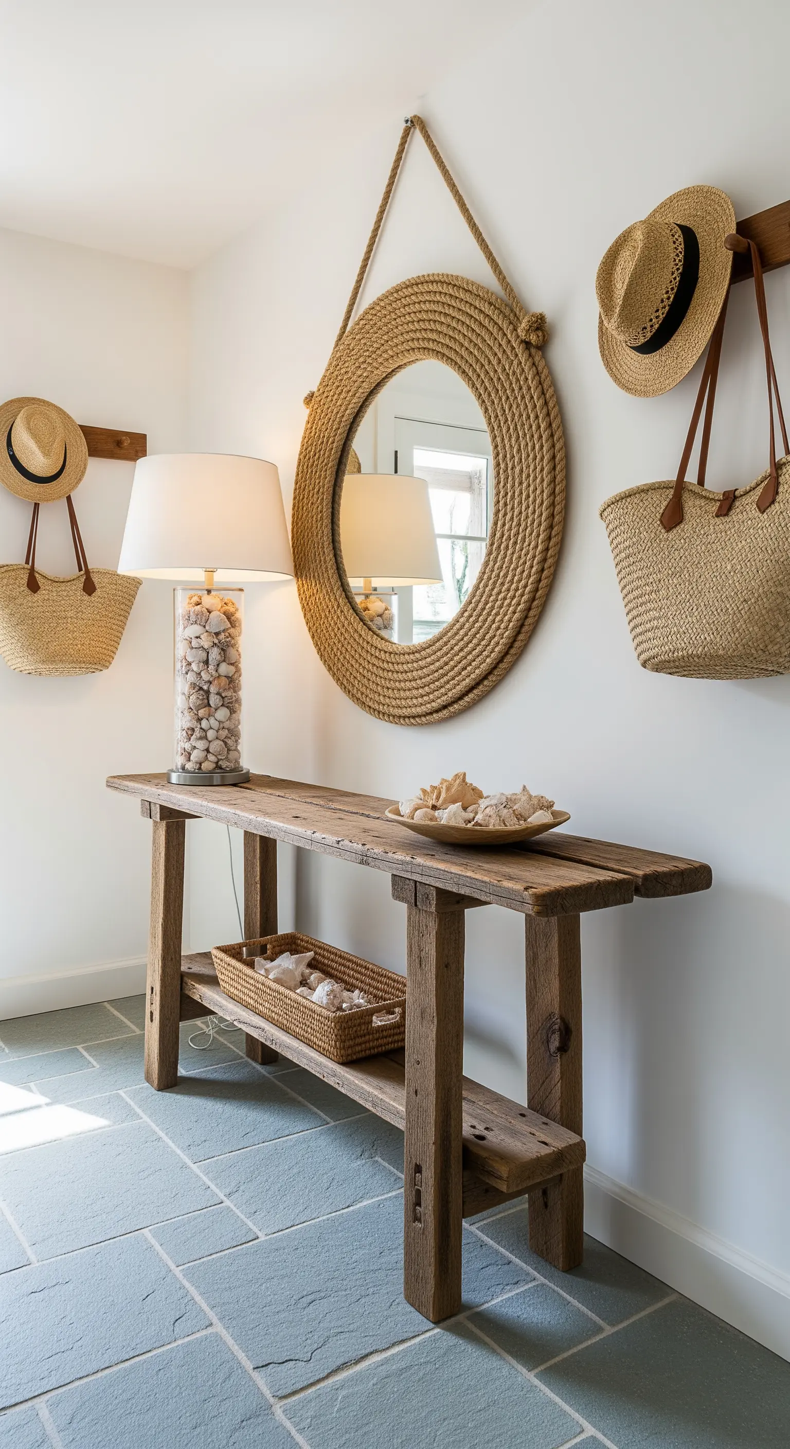 Eingangsbereich mit Holztisch, Seilspiegel, Muschellampe und Strandaccessoires