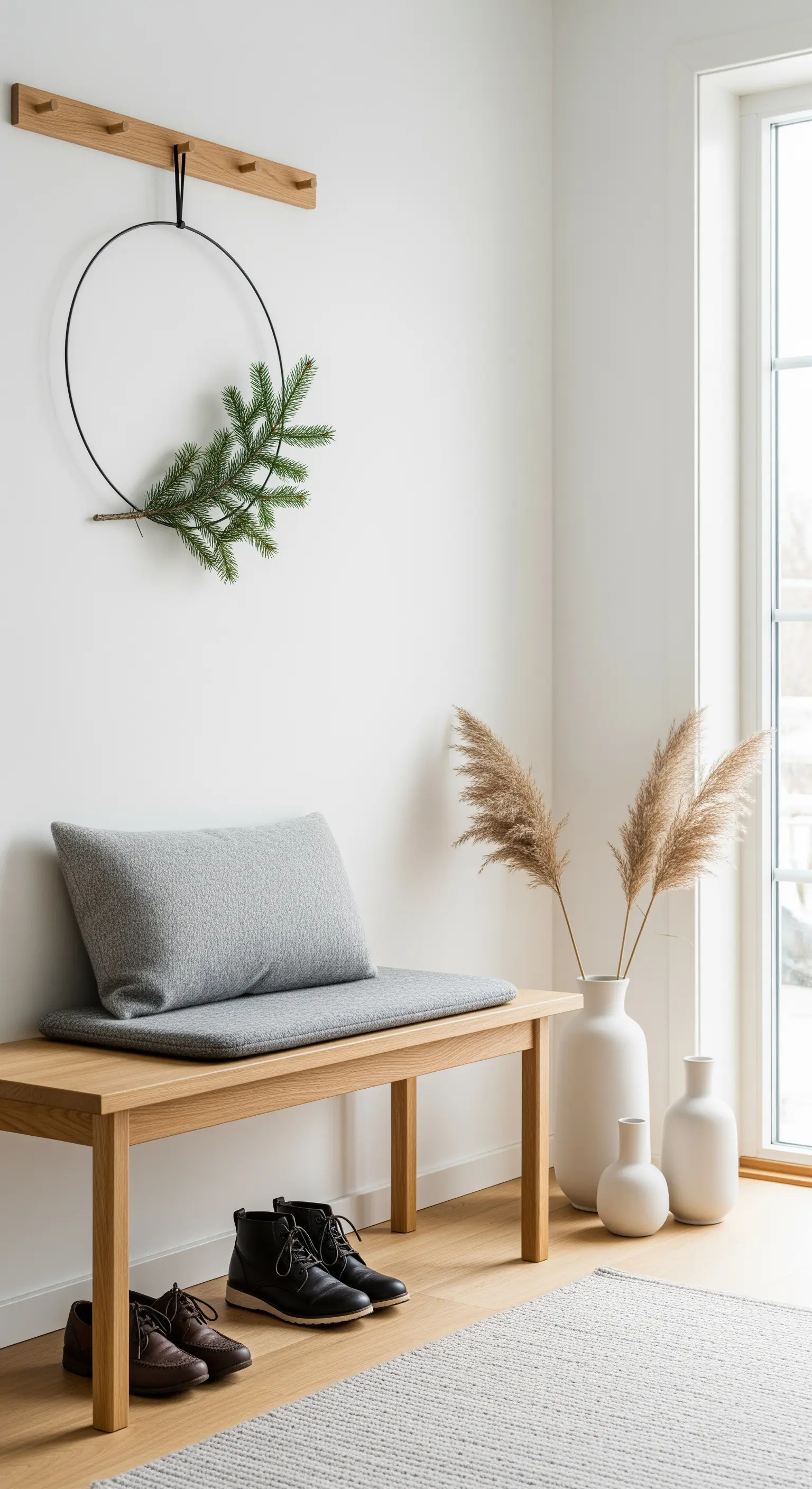 Eingangsbereich mit Holzbank, minimalistischem Kranz und Pampasgras
