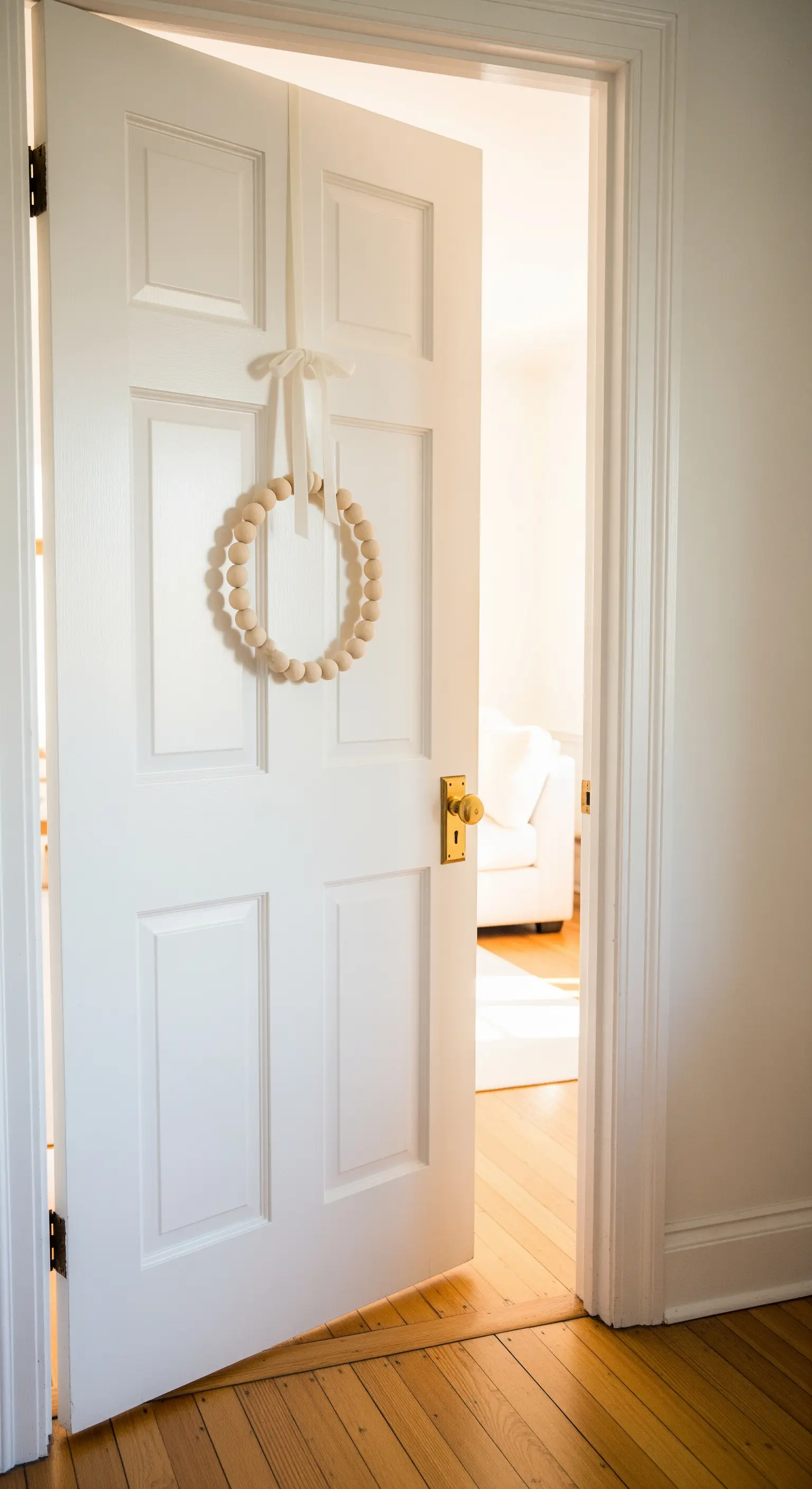 Weiße Tür mit hängendem Kranz aus Holzperlen und weißem Band