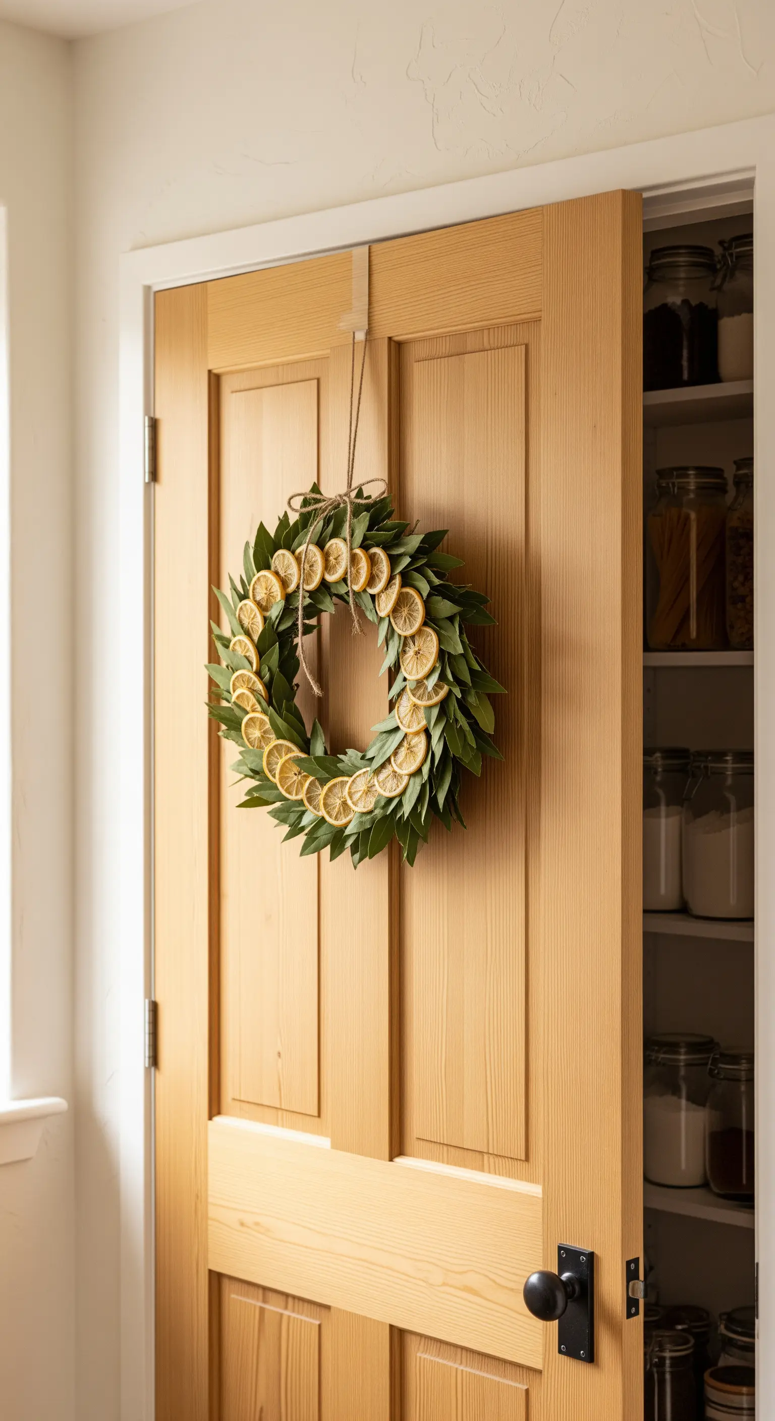 Holztür mit Kranz aus Lorbeerblättern und getrockneten Zitronen
