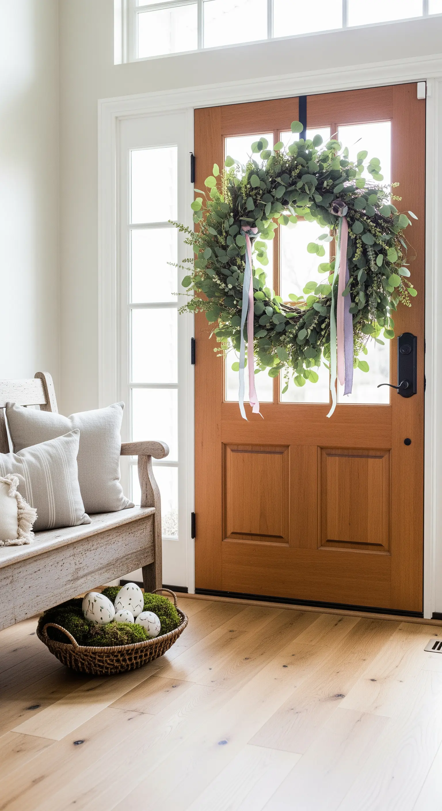Eukalyptuskranz mit Pastellbändern und Osterkorb am Eingang