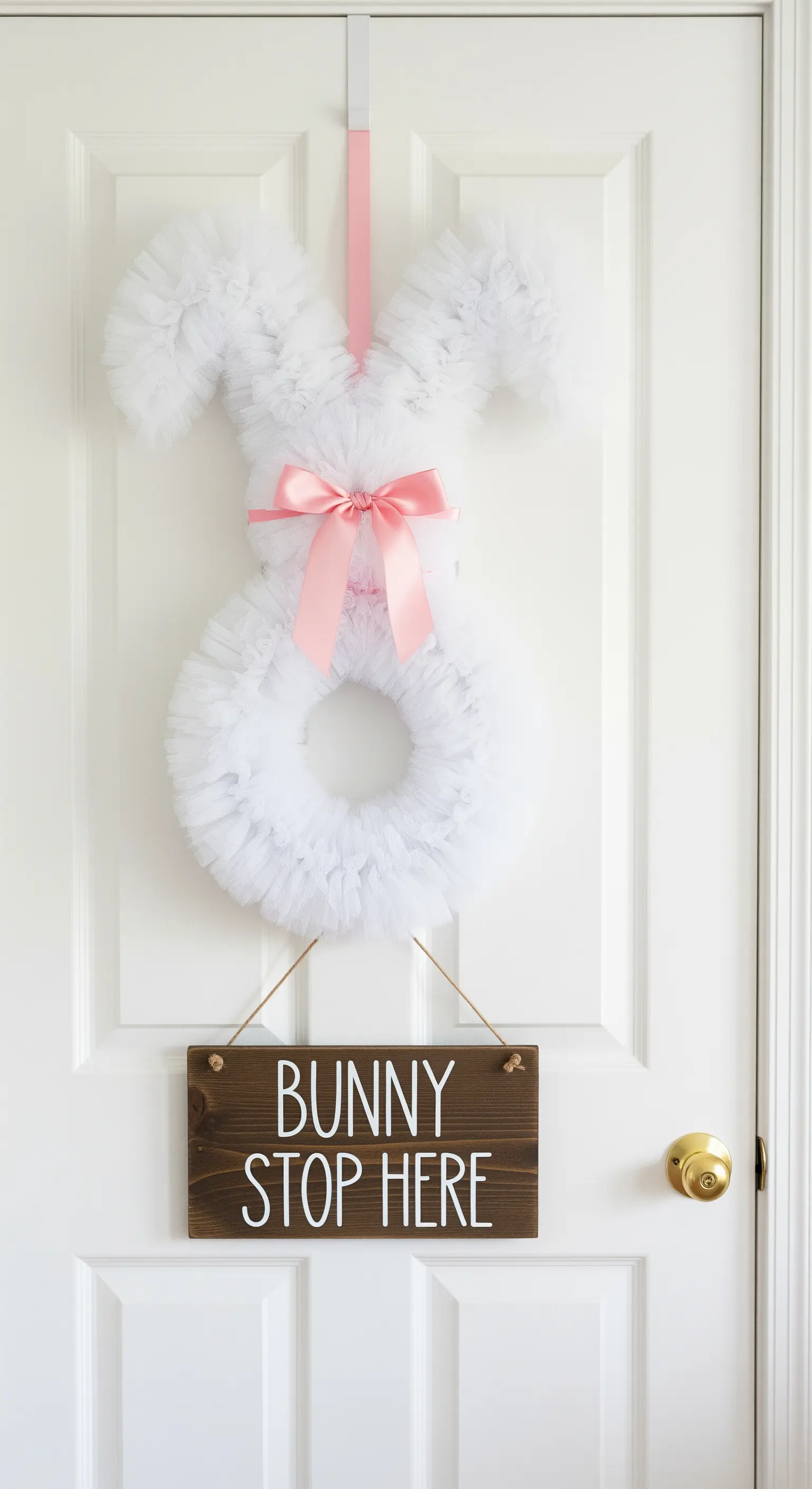 Tüll-Hasenkranz mit Schleife und 'Bunny Stop Here' Schild an Tür.