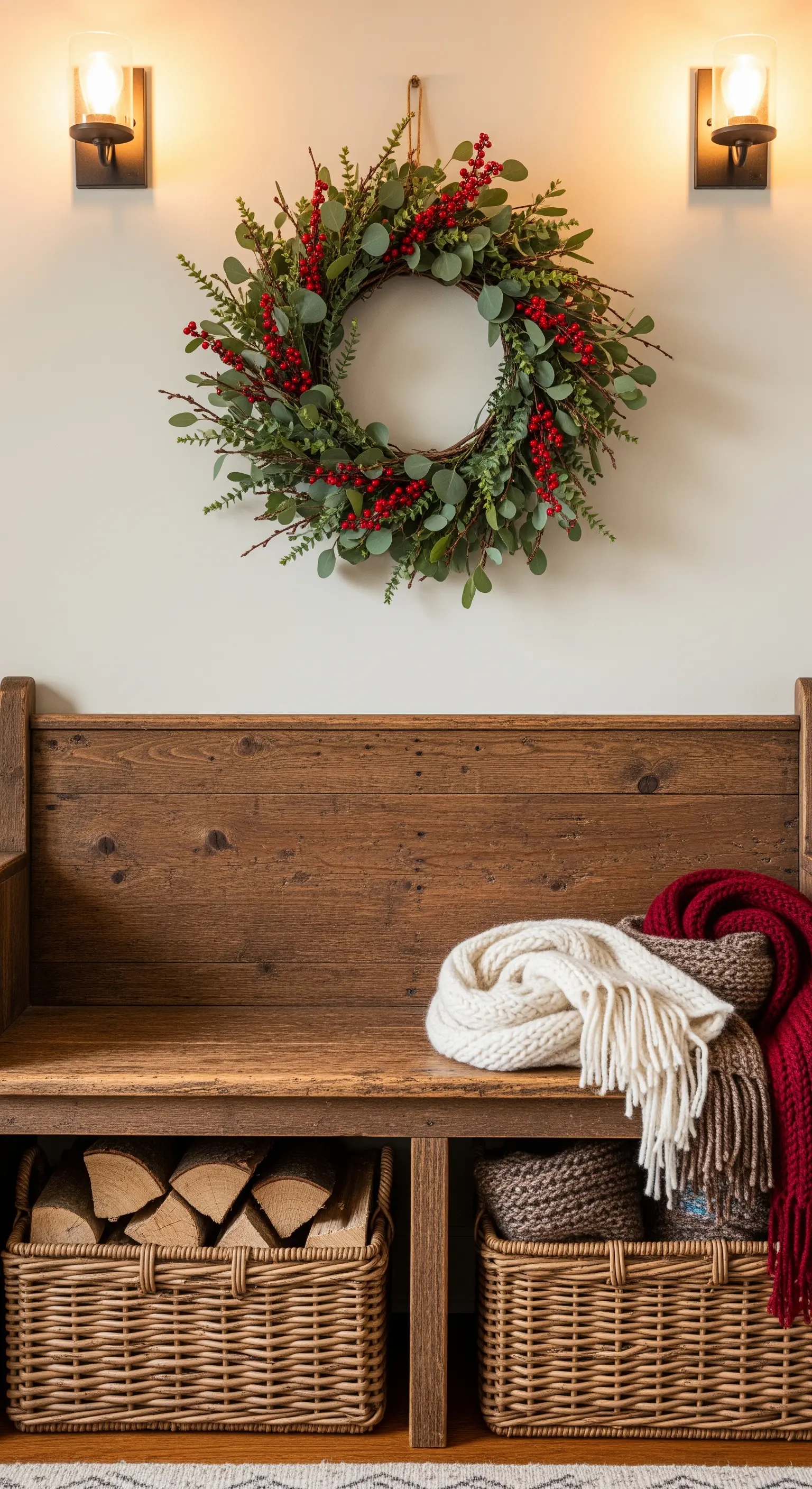 Winterkranz an heller Wand über rustikaler Holzbank mit Körben