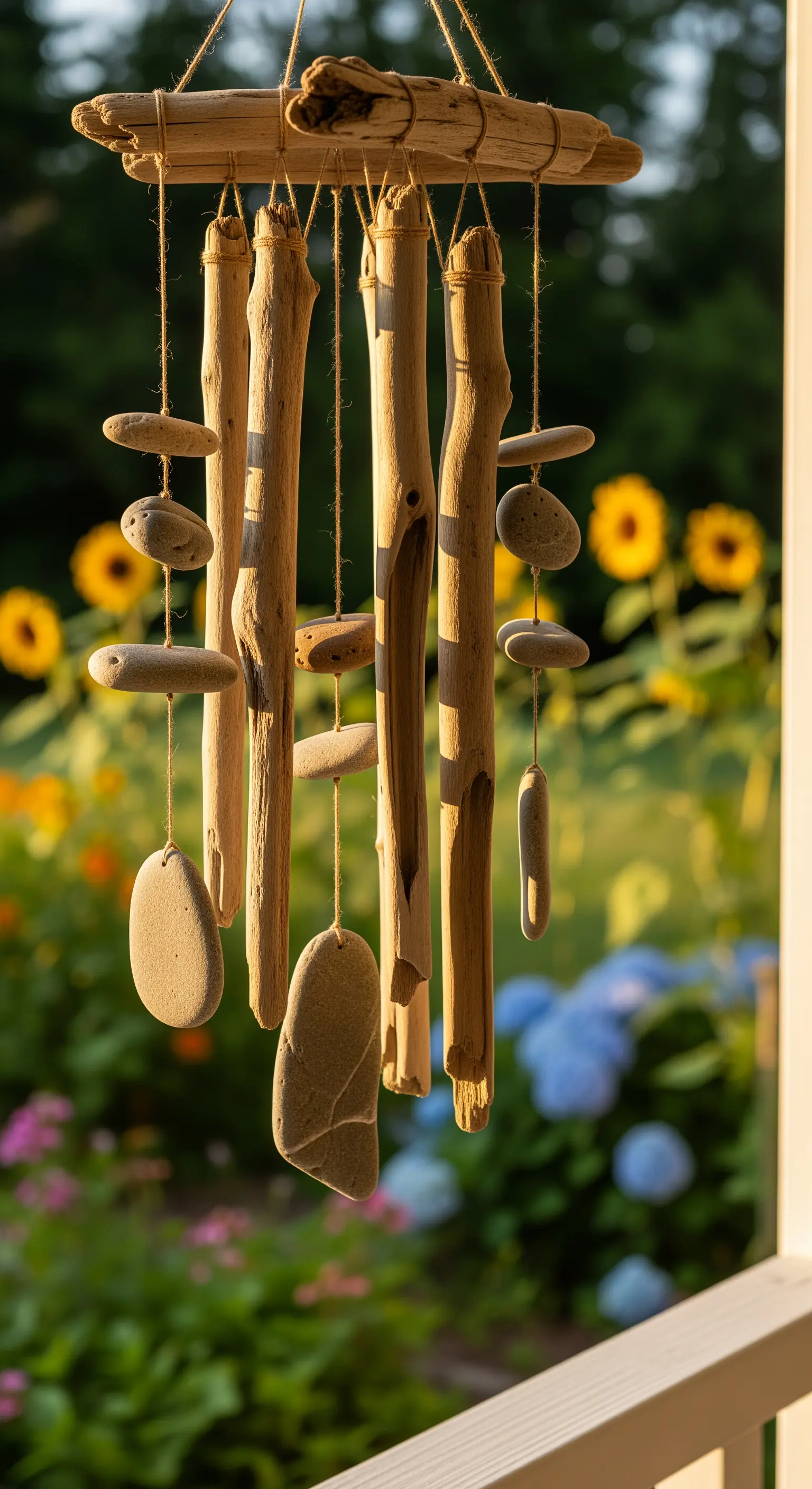 Windspiel aus Treibholz und flachen Steinen im Garten mit Sonnenblumen