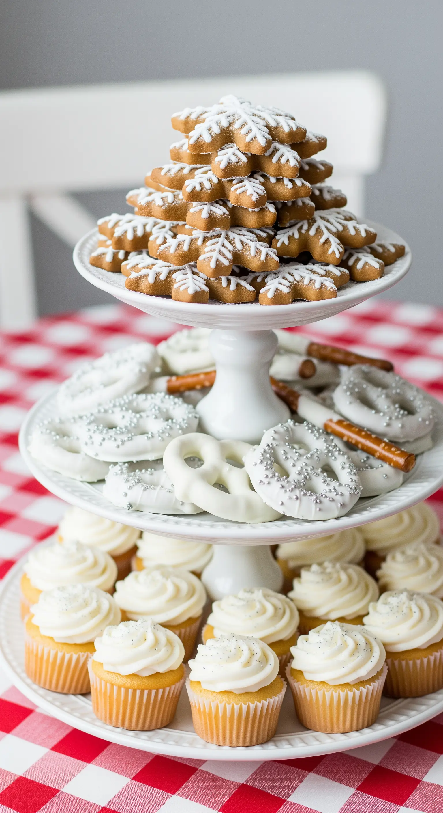 Weiße Etagere mit winterlichen Süßigkeiten: Plätzchen, Brezeln und Cupcakes.