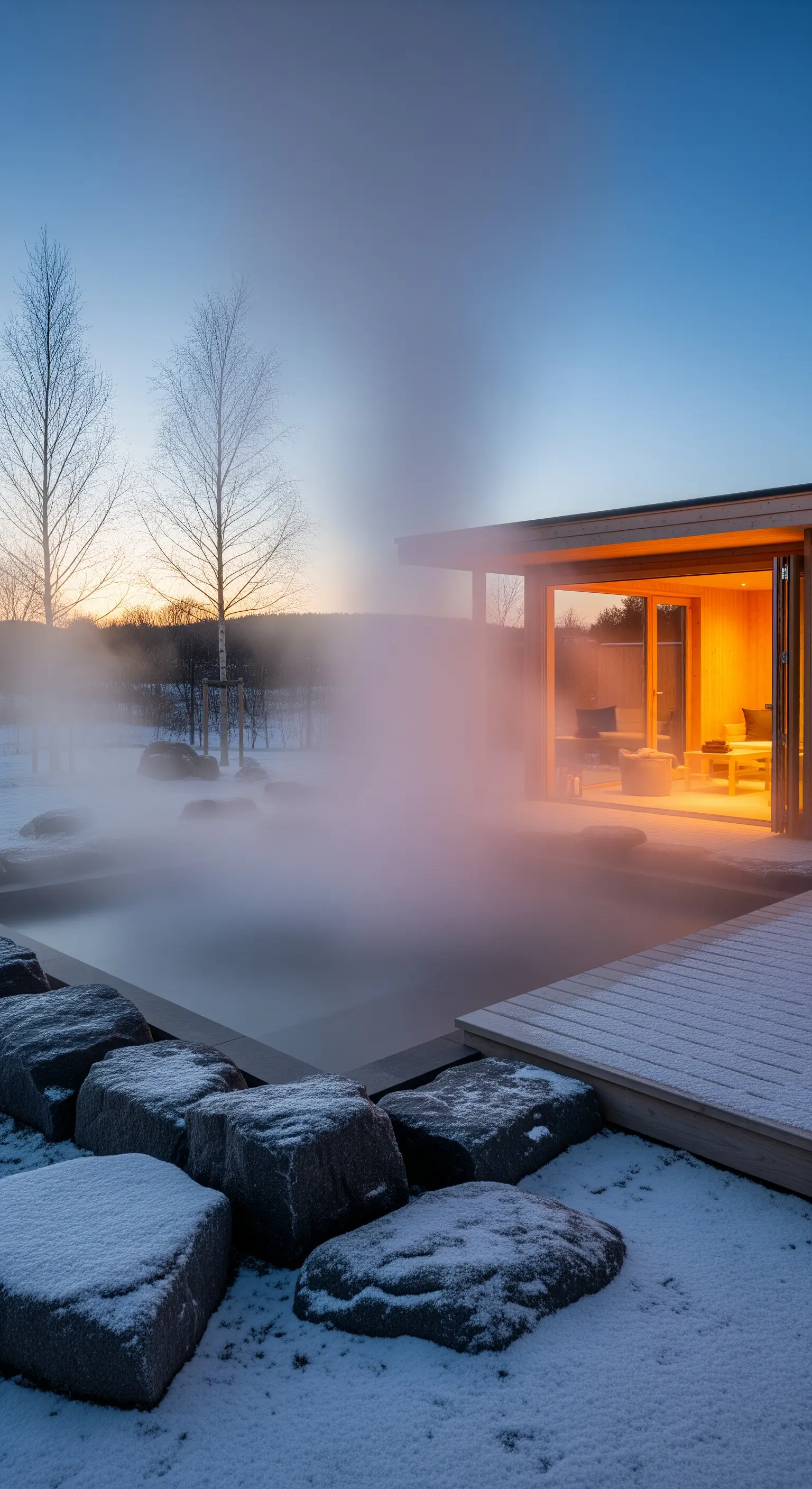 Beheizter Pool im Schnee mit dampfendem Wasser, Felsbrocken und warm beleuchtetem Poolhaus