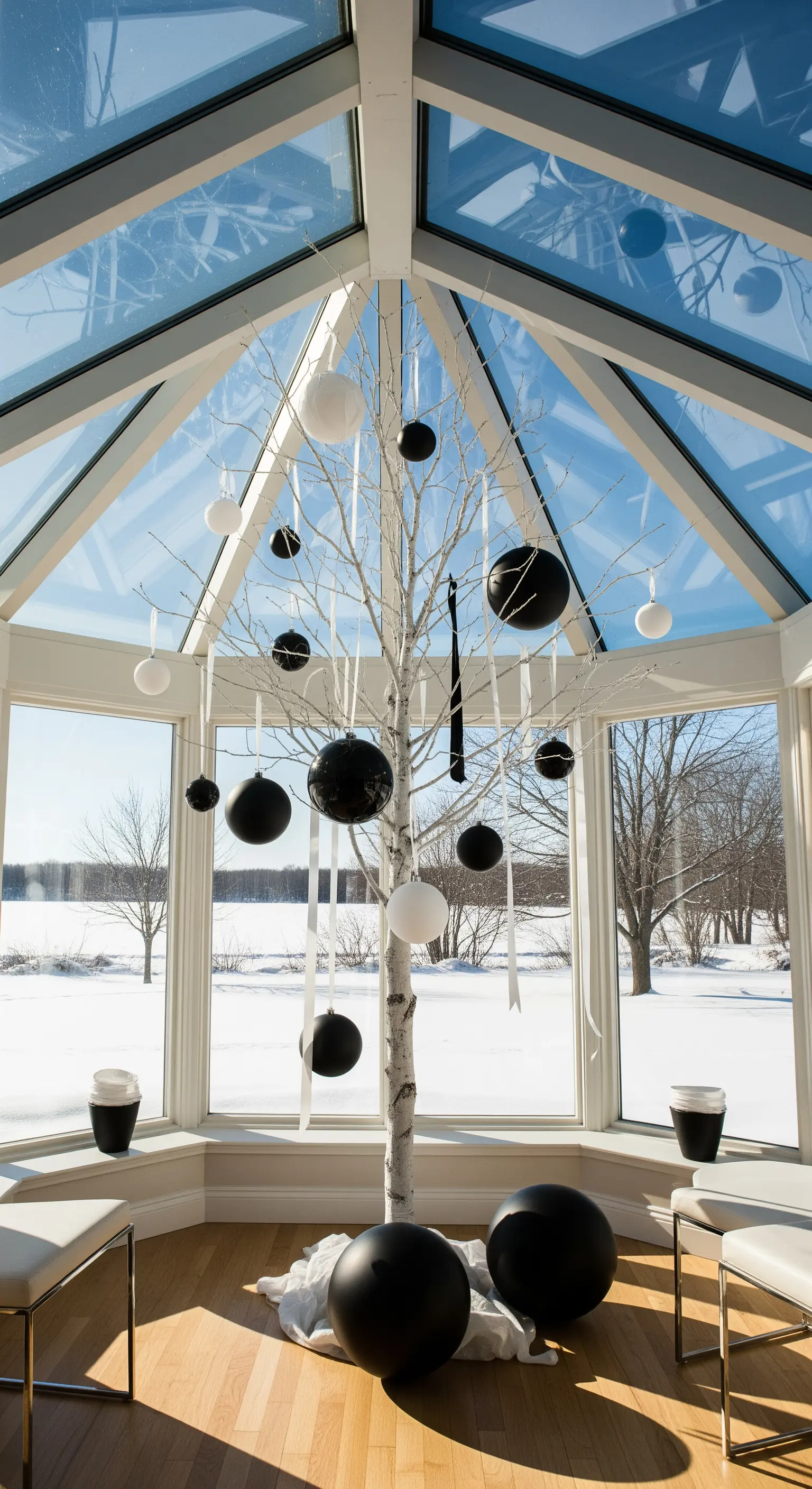 Wintergarten mit weißem Birkenbaum, geschmückt mit schwarzen und weißen Kugeln.