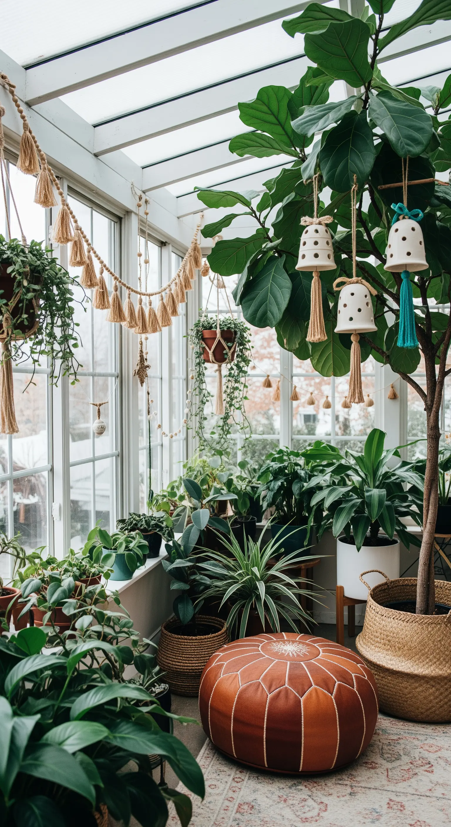 Pflanzenreicher Wintergarten mit Makramee-Girlande und Keramikglocken an den Pflanzen