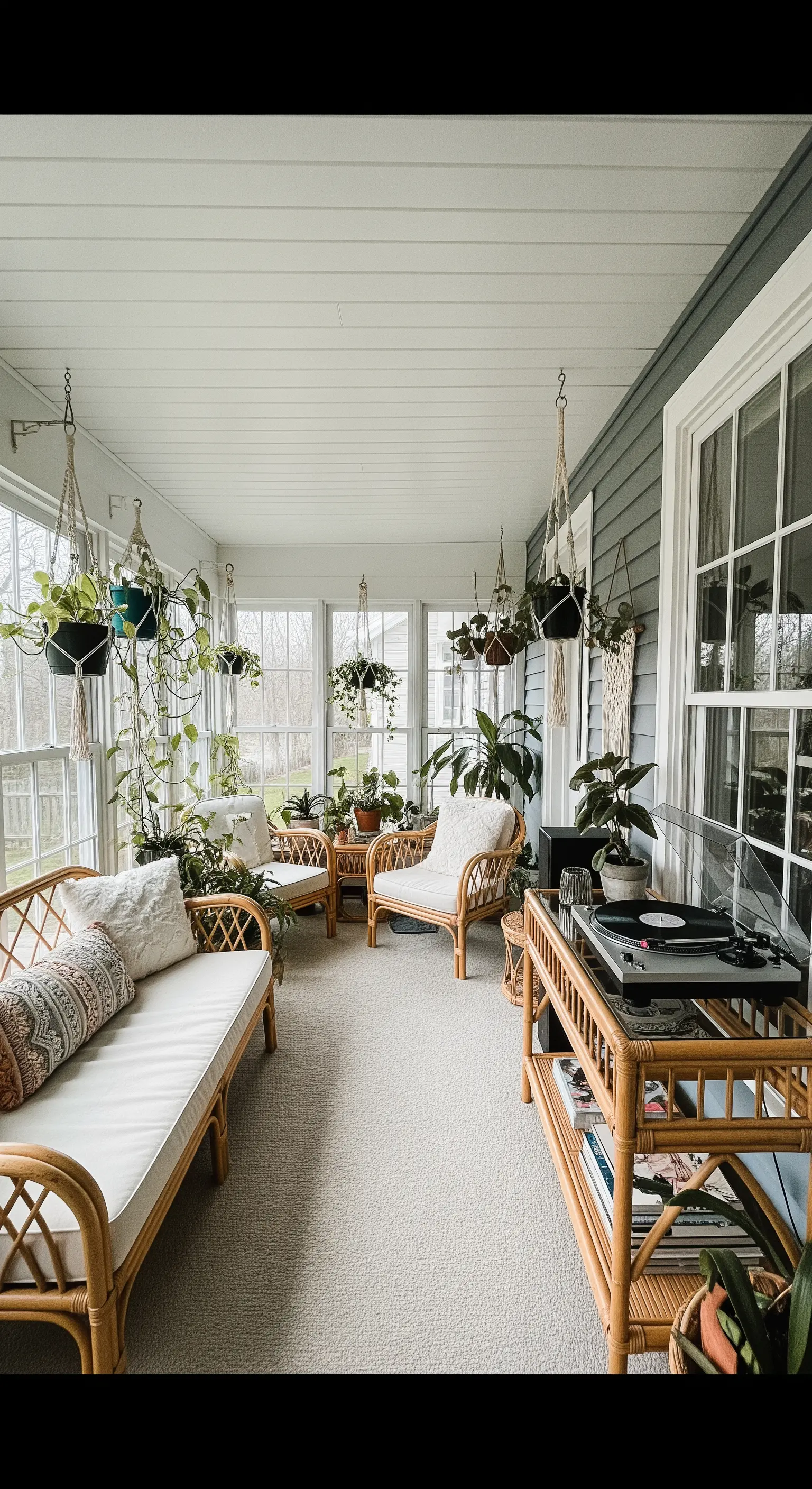 Helle Veranda mit Rattanmöbeln, vielen Hängepflanzen und einem Plattenspieler