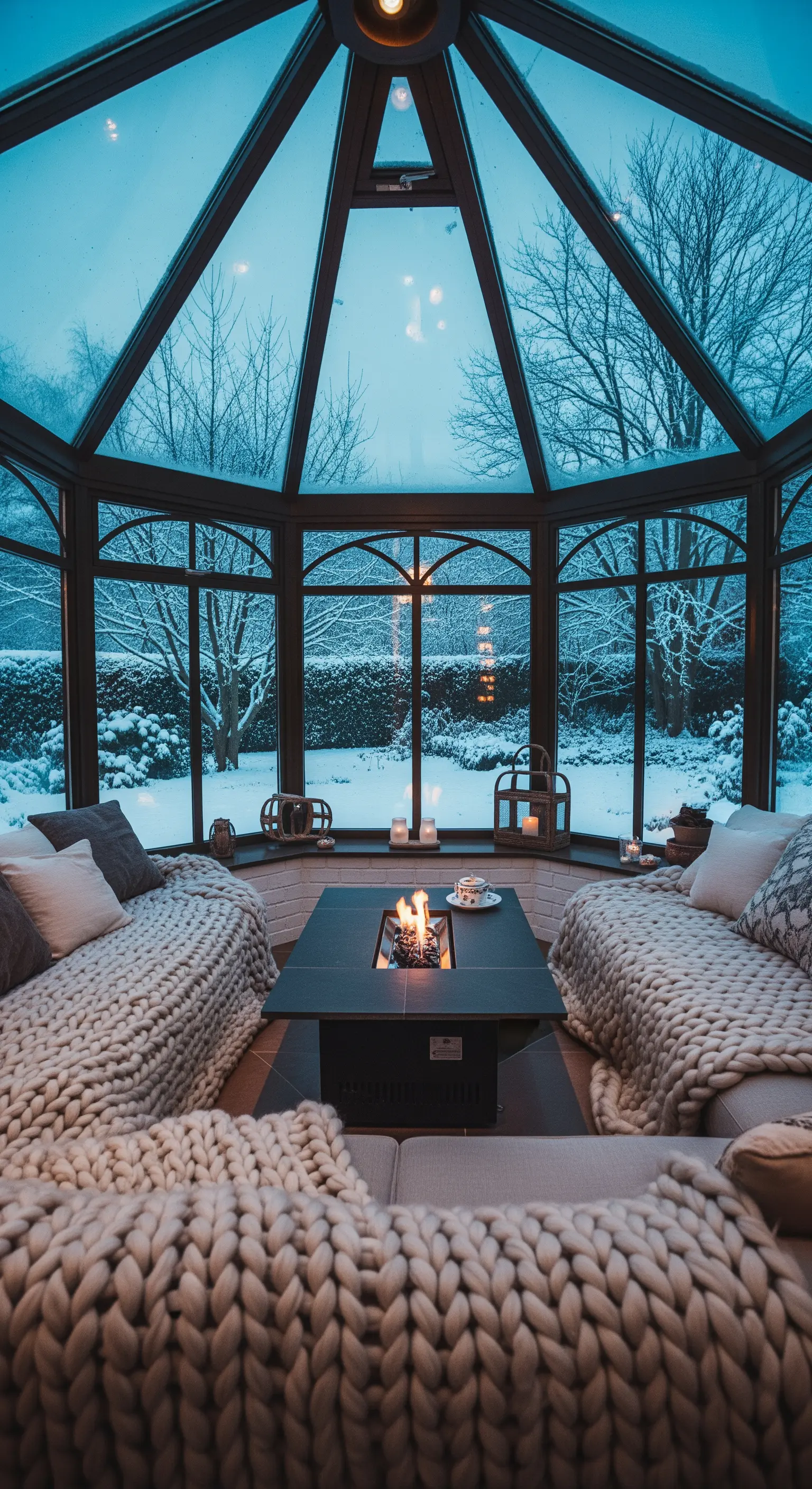 Gemütlicher Wintergarten mit Feuertisch und dicken Strickdecken mit Blick in den Schnee