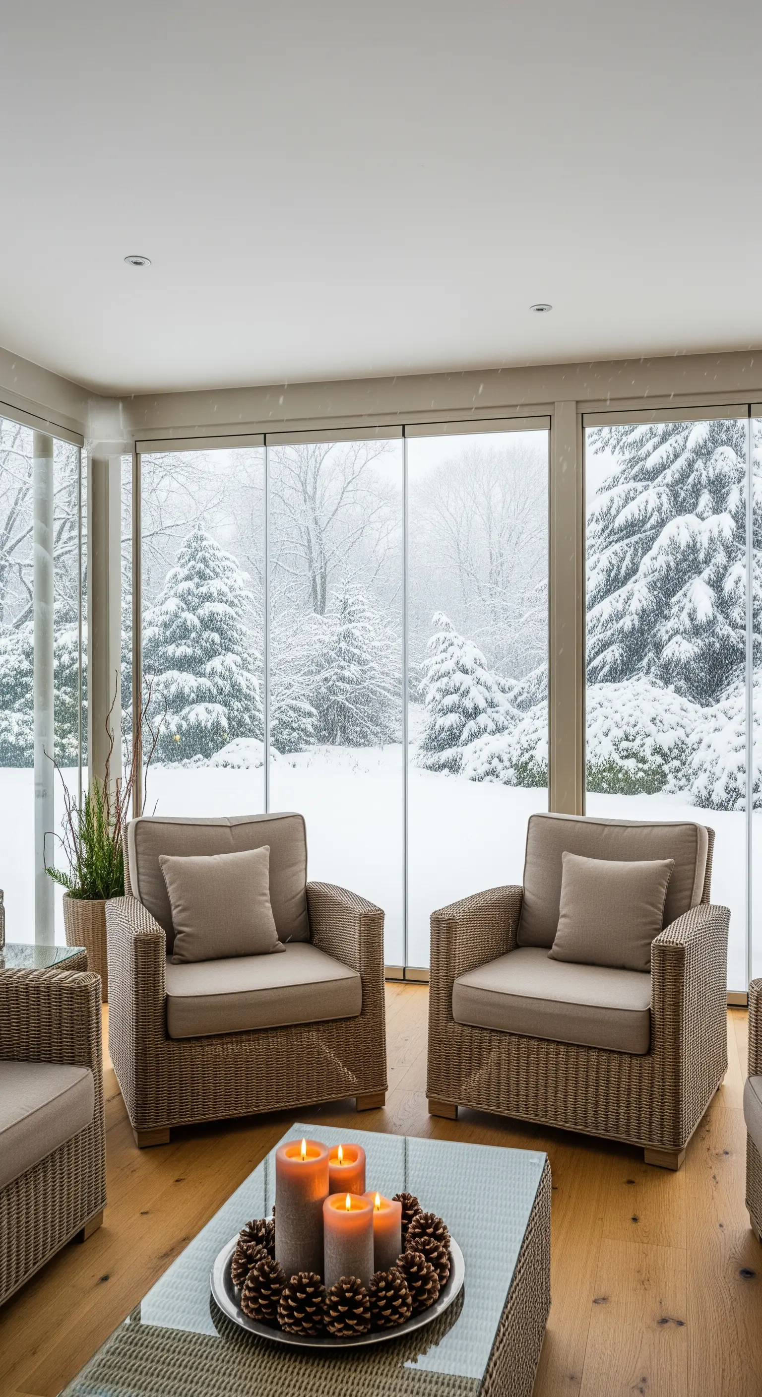 Wintergarten mit Rattansesseln, Kerzen und Tannenzapfen