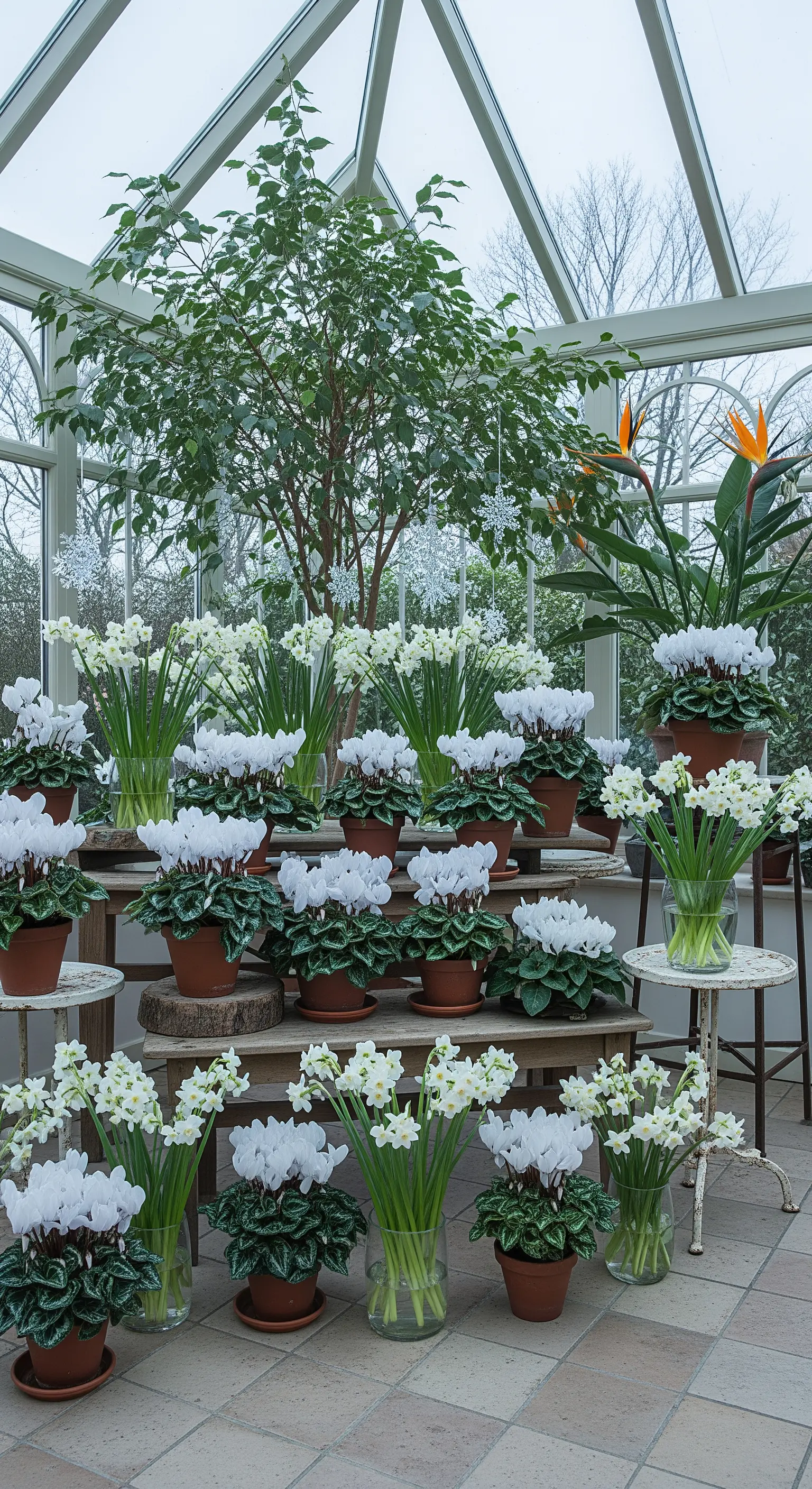 Wintergarten mit grünen Pflanzen, weißen Blüten und hängenden Schneeflocken