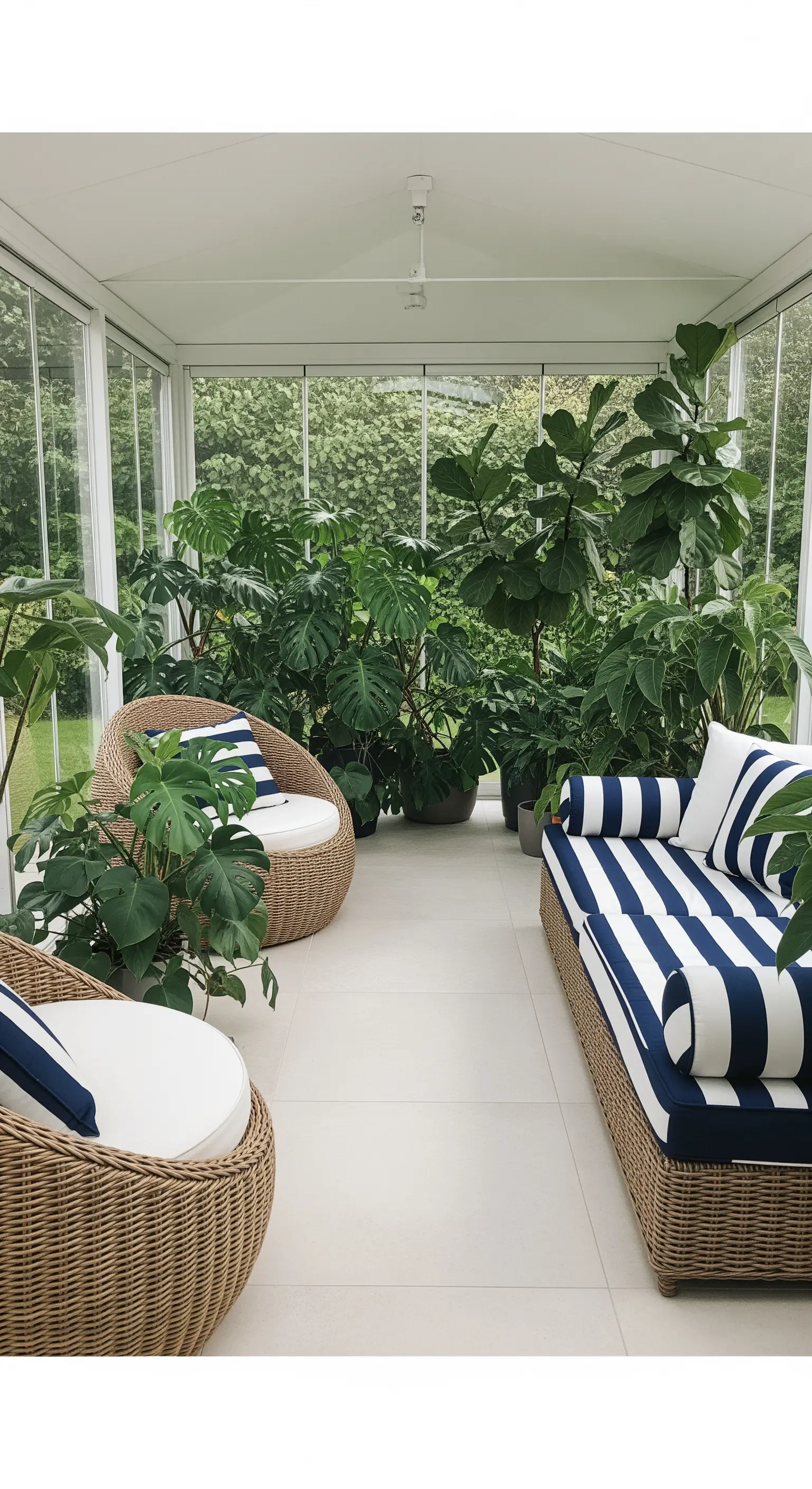 Rattanmöbel, Streifenpolster, tropische Pflanzen
