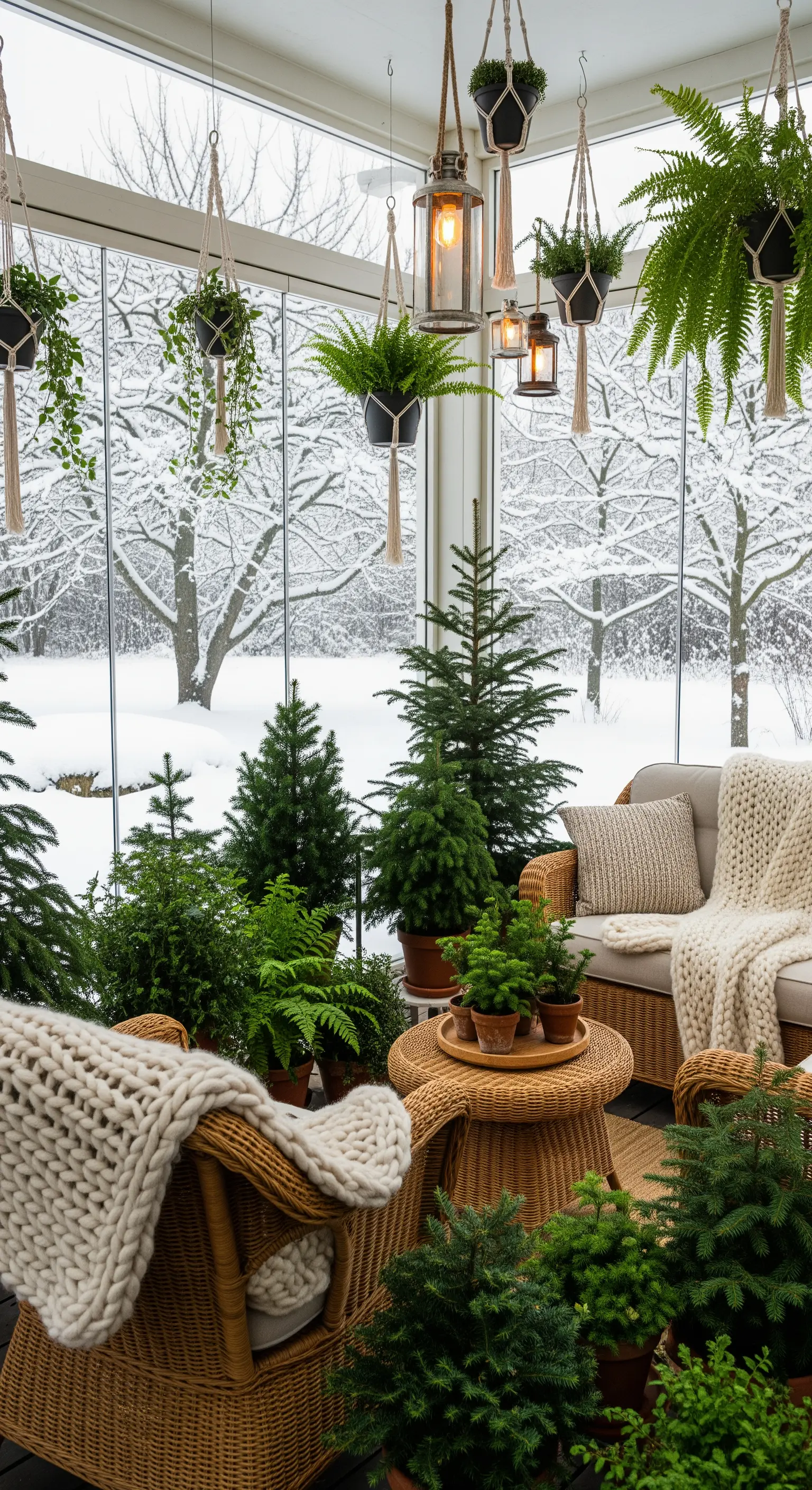 Wintergarten voller grüner Pflanzen, Korbmöbeln, Strickdecken und hängenden Laternen, mit Schneeblick.