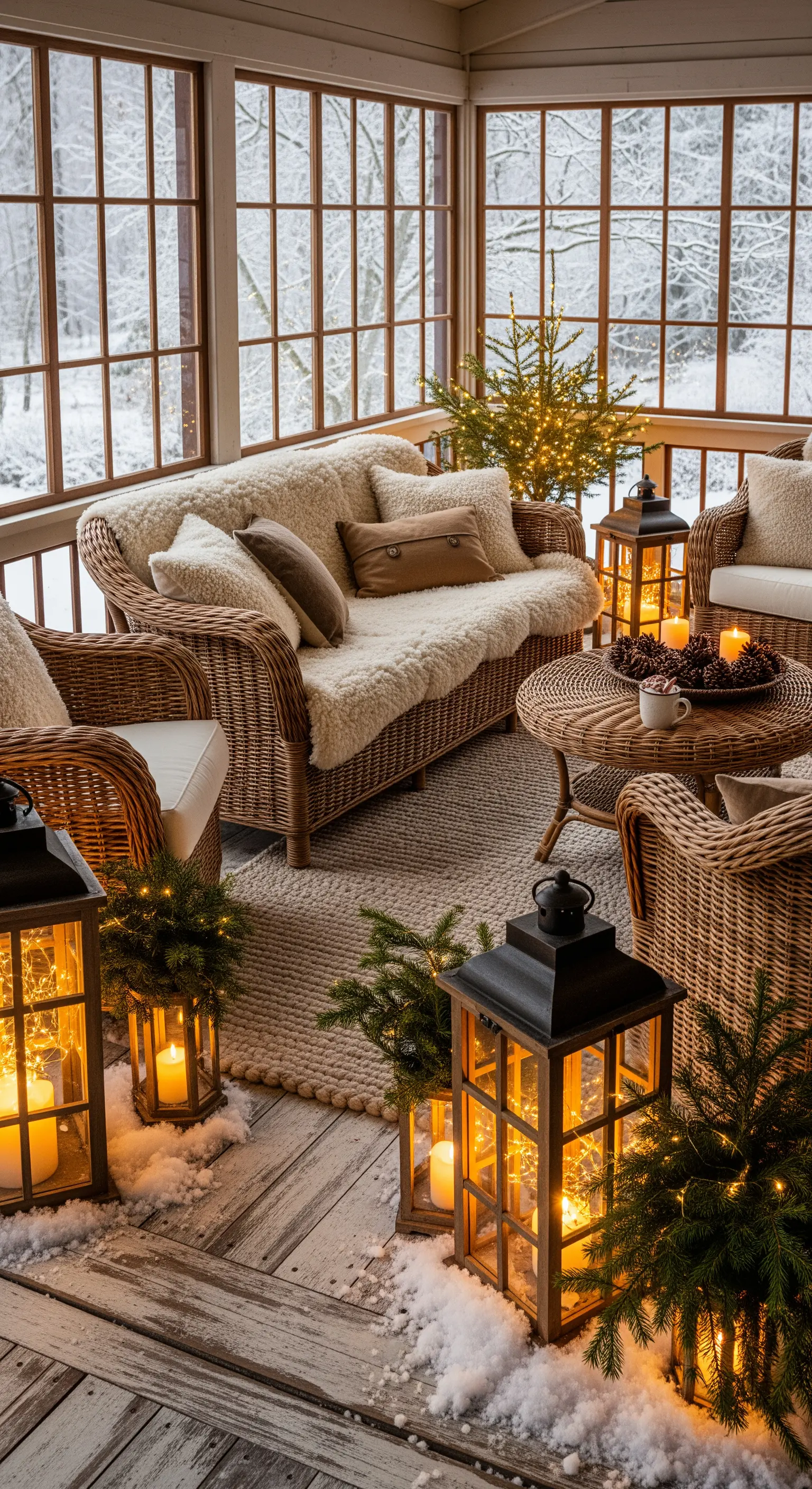 Wintergarten mit Rattanmöbeln, Schaffellen, Laternen und Mini-Tannen