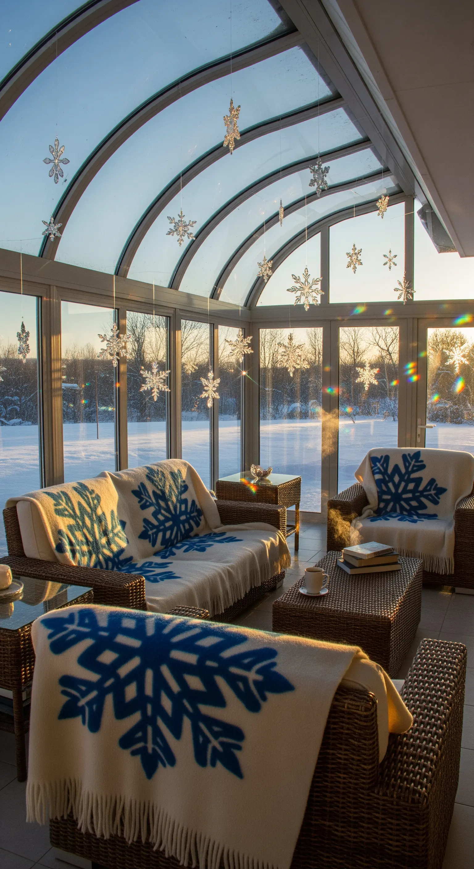 Wintergarten mit Rattanmöbeln, blauen Schneeflocken-Decken und schwebenden Schneeflocken